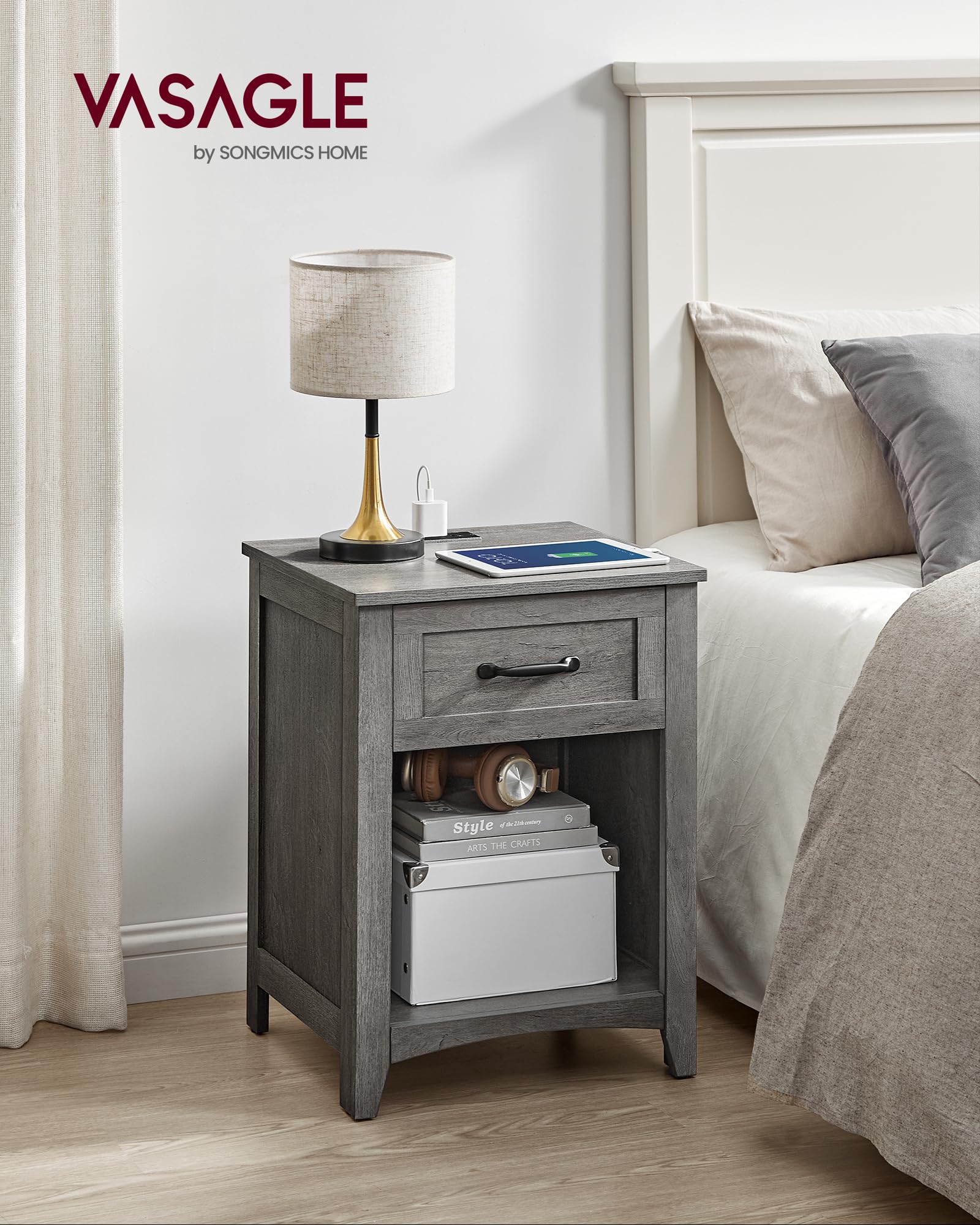 VASAGLE Farmhouse Nightstand with USB Charging Station, Bedside Table with Drawer & Open Shelf, Storage Side Table for Bedroom - Misty Gray | Perfect for Small Spaces, Apartment Living & Guest Rooms