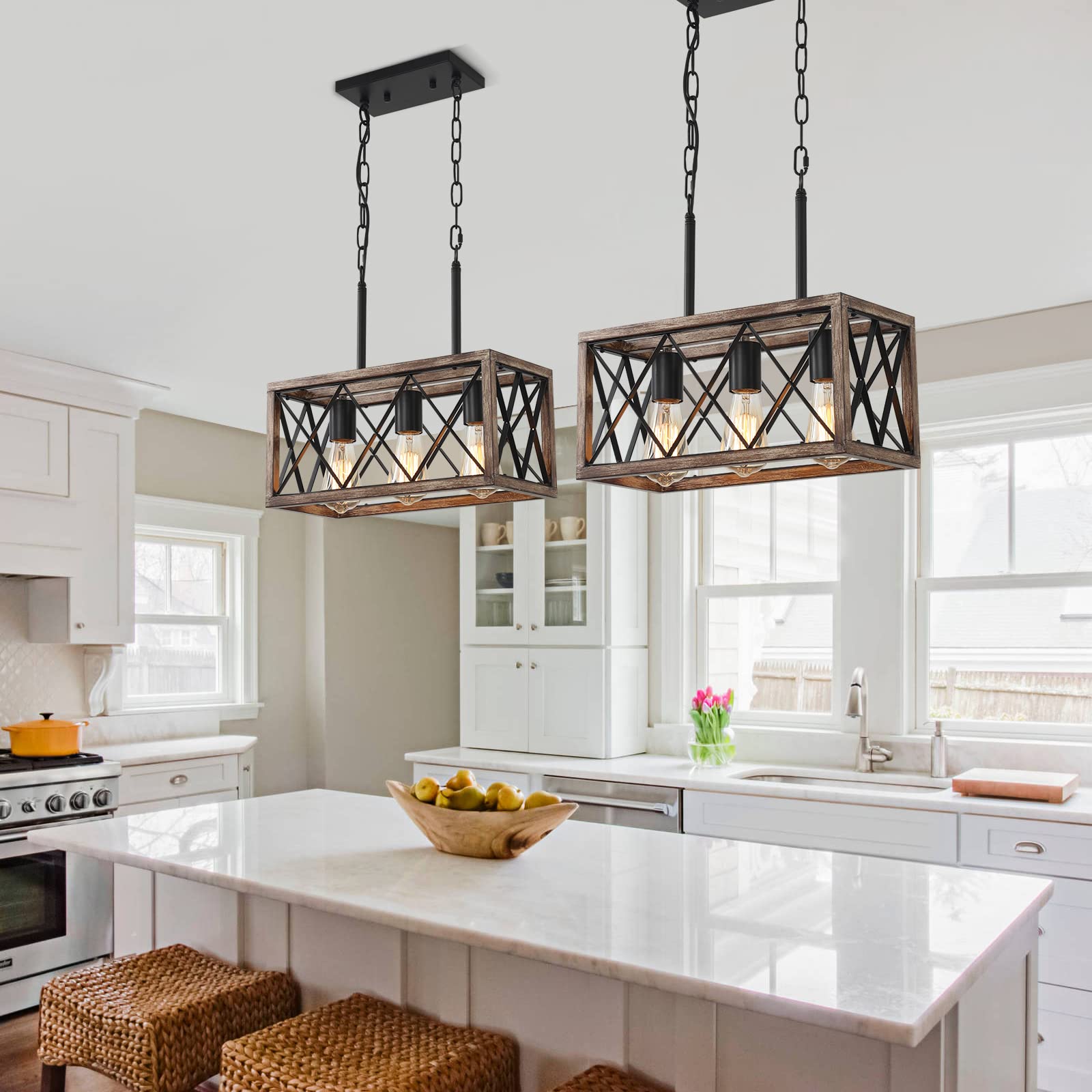 KEESFU Farmhouse Kitchen Island Lighting - 3 Lights Adjustable Height Pendant Fixtures, Industrial Wood Grain Dining Room Light for Living Room, Foyer, Over Sink, and Breakfast Bar