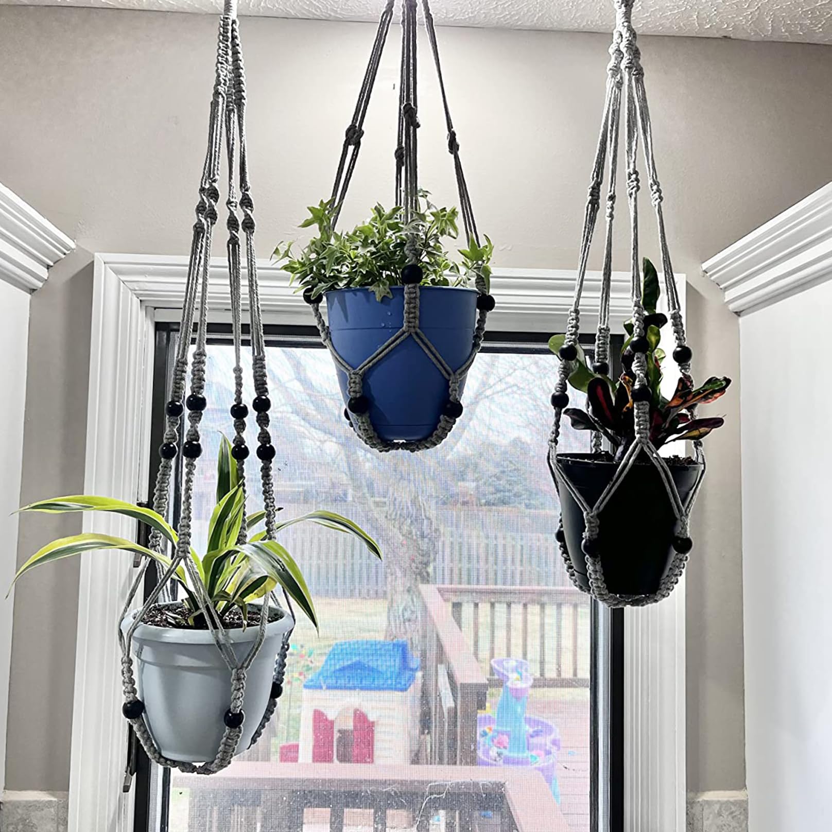 Macrame Plant Hanger 3 Pack - 35 Inch Handmade Cotton Rope Wall Hanging Planter with Beaded & Non-Tassel Design for Indoor & Outdoor Plants - Perfect for Herbs, Ferns, Ivy & Crawling Plants - Includes 3 Hooks for Stylish Home Decor, Boho Room & Garden Display