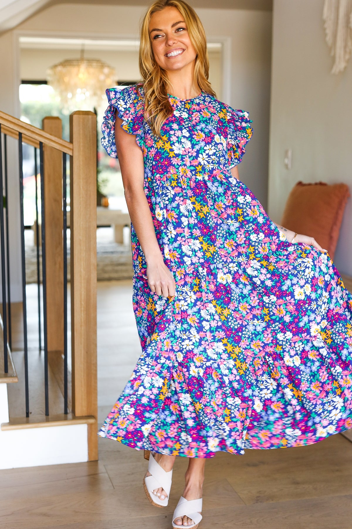 Haptics Just A Dream Navy Floral Smocked Ruffle Sleeve Maxi Dress - Elegant Summer Beach Wedding Guest Dress for Women