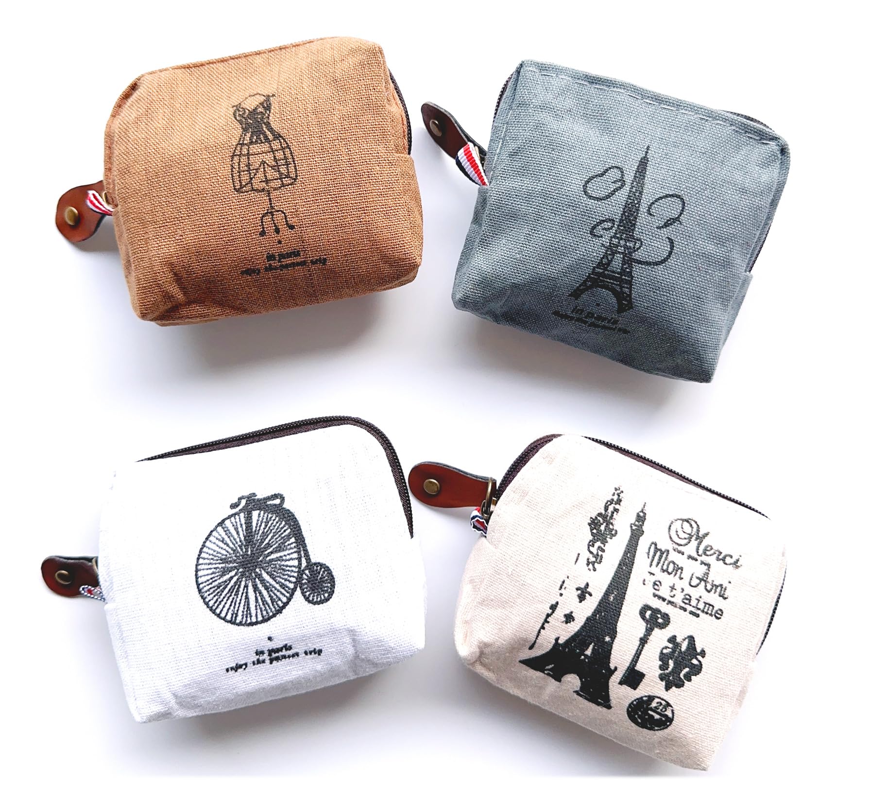 Stylish Canvas Coin Bags for Women - Set of 4 Small Change Purses & Cash Wallets (Paris Design) - Perfect for Travel, Shopping, and Organizing Loose Change
