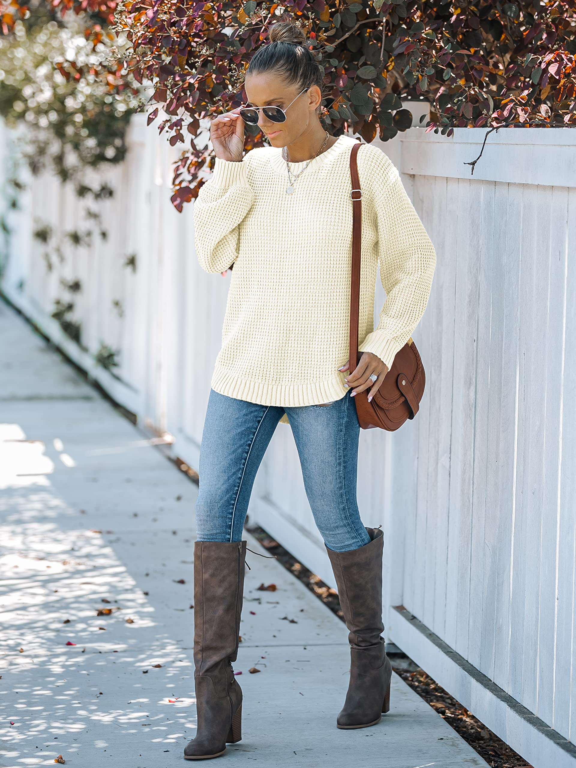 MEROKEETY Women's 2024 Fall Casual Waffle Knit Sweater - Long Balloon Sleeve Loose Pullover Jumper - Cozy Autumn Outfit for Work, Date Night & Weekend Getaways