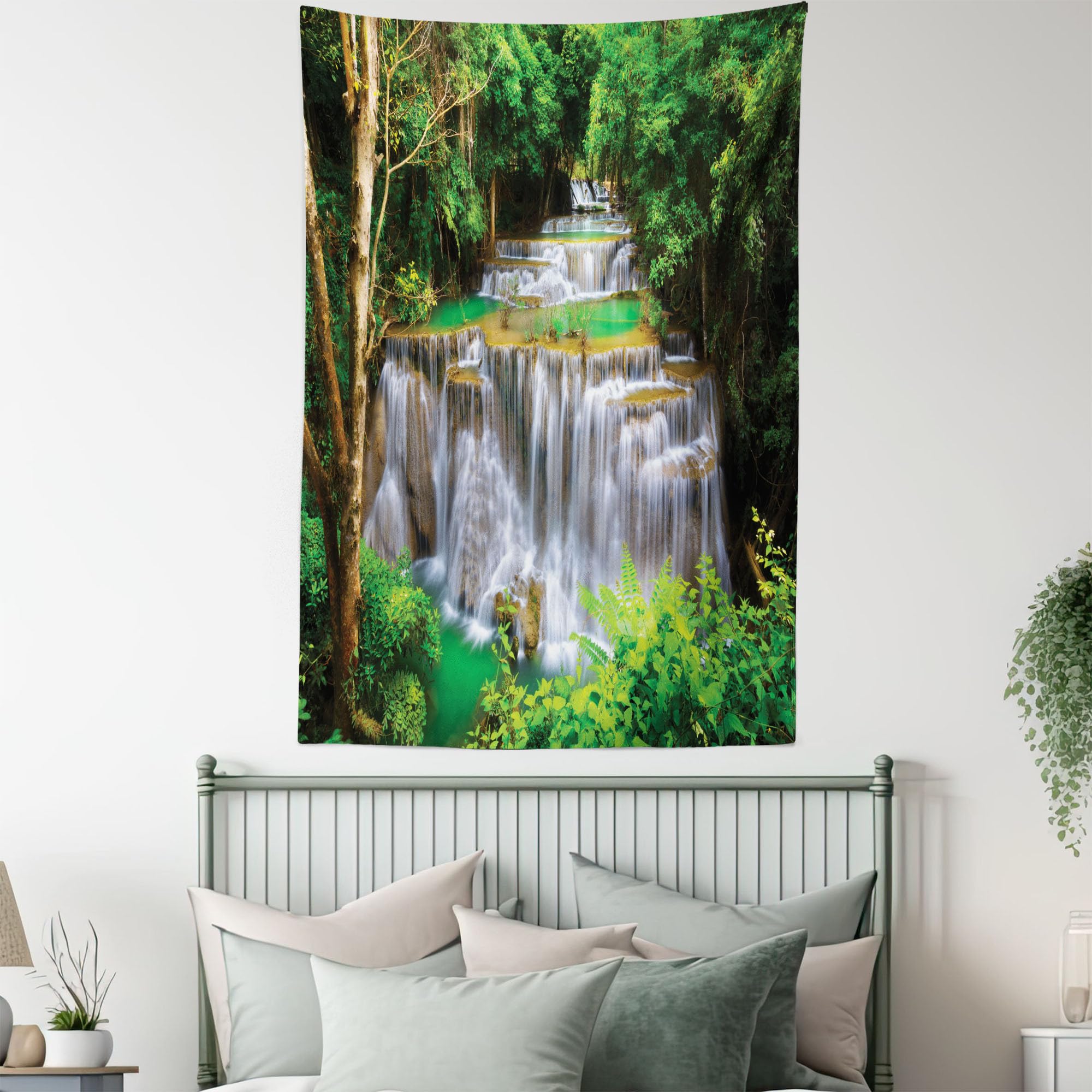 Ambesonne Waterfall Tapestry - Scenic View of Kanchanaburi Waterfall Stream Through Forest - 60