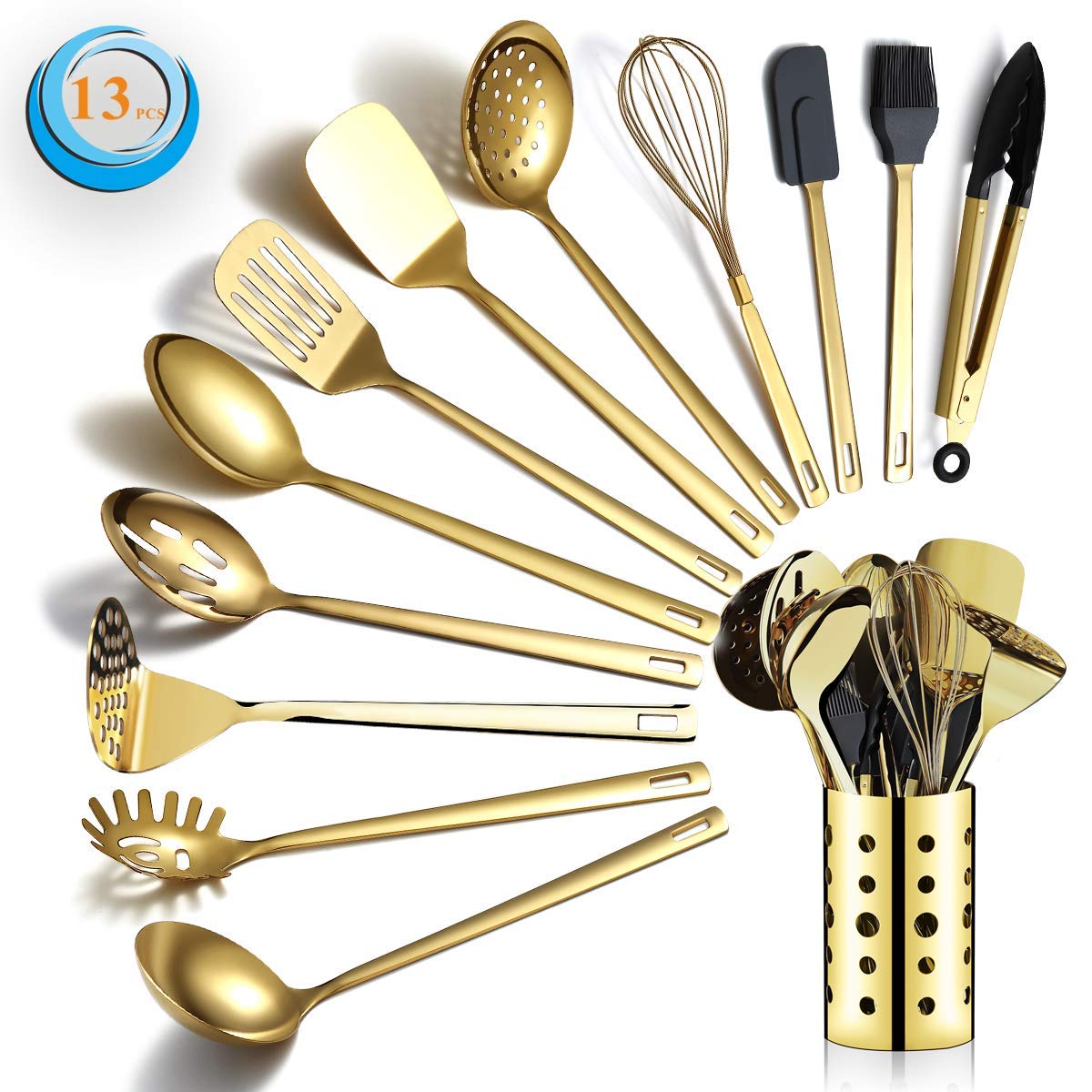 Premium 13-Piece Gold Plated Stainless Steel Kitchen Utensil Set by Berglander - Nonstick Cooking Tools with Holder, Dishwasher Safe & Easy to Clean - Perfect for Baking, Frying, and Everyday Cooking