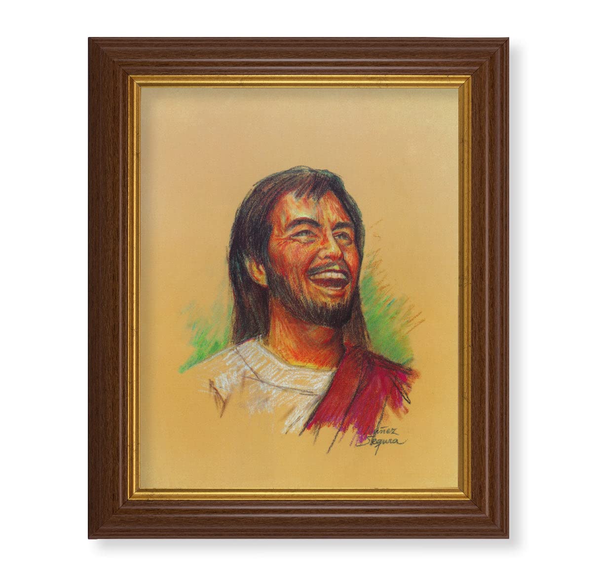 Laughing Jesus Framed Wall Art - Large Traditional Dark Walnut Fluted Frame with Gold Beaded Edge - Religious Home Decor for Living Room, Bedroom & Church