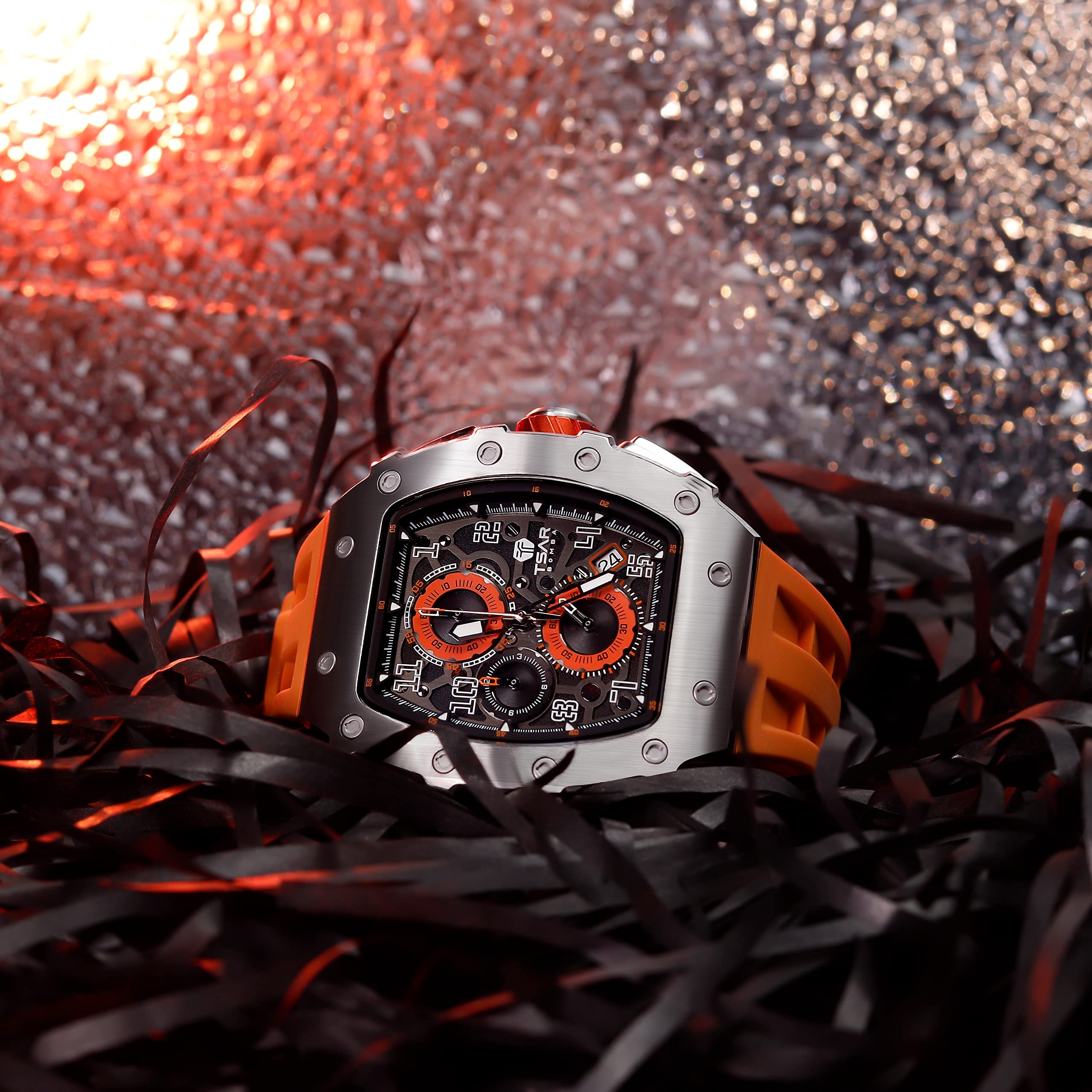 TSAR BOMBA Luxury Men's Watch - 50M Waterproof Tonneau Chronograph with Japanese Quartz Movement & Silicone Band - Perfect for Business, Casual Wear & Outdoor Activities - Ideal Gift for Men