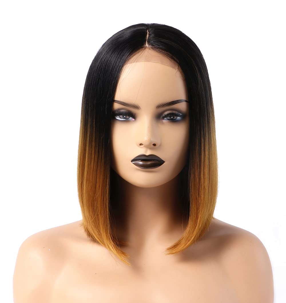 VSAKSH Short Bob Wigs for Women - Brown Ombre Blonde Synthetic Straight Hair with Matte Finish & Middle Part | Perfect for Cosplay, Daily Wear & Fashion Styling
