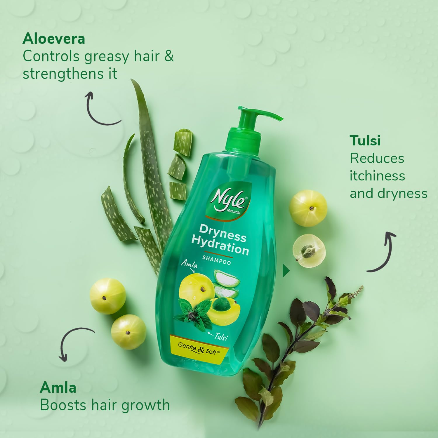 Nyle Naturals Hydrating Shampoo for Dry & Frizzy Hair - 800ml with Tulsi, Amla & Aloe Vera | Gentle Moisturizing Shampoo for Men & Women | Perfect for Damaged Hair Repair & Daily Hydration