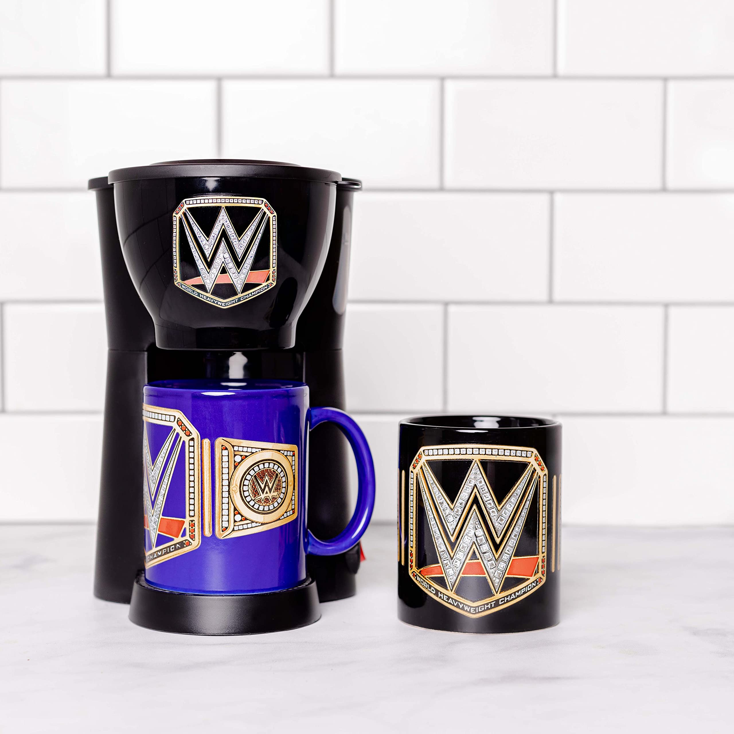 Uncanny Brands WWE Single Serve Coffee Maker Gift Set with 2 Champion Mugs - Perfect for Wrestling Fans & Coffee Lovers - Great for Home, Office & WWE Viewing Parties