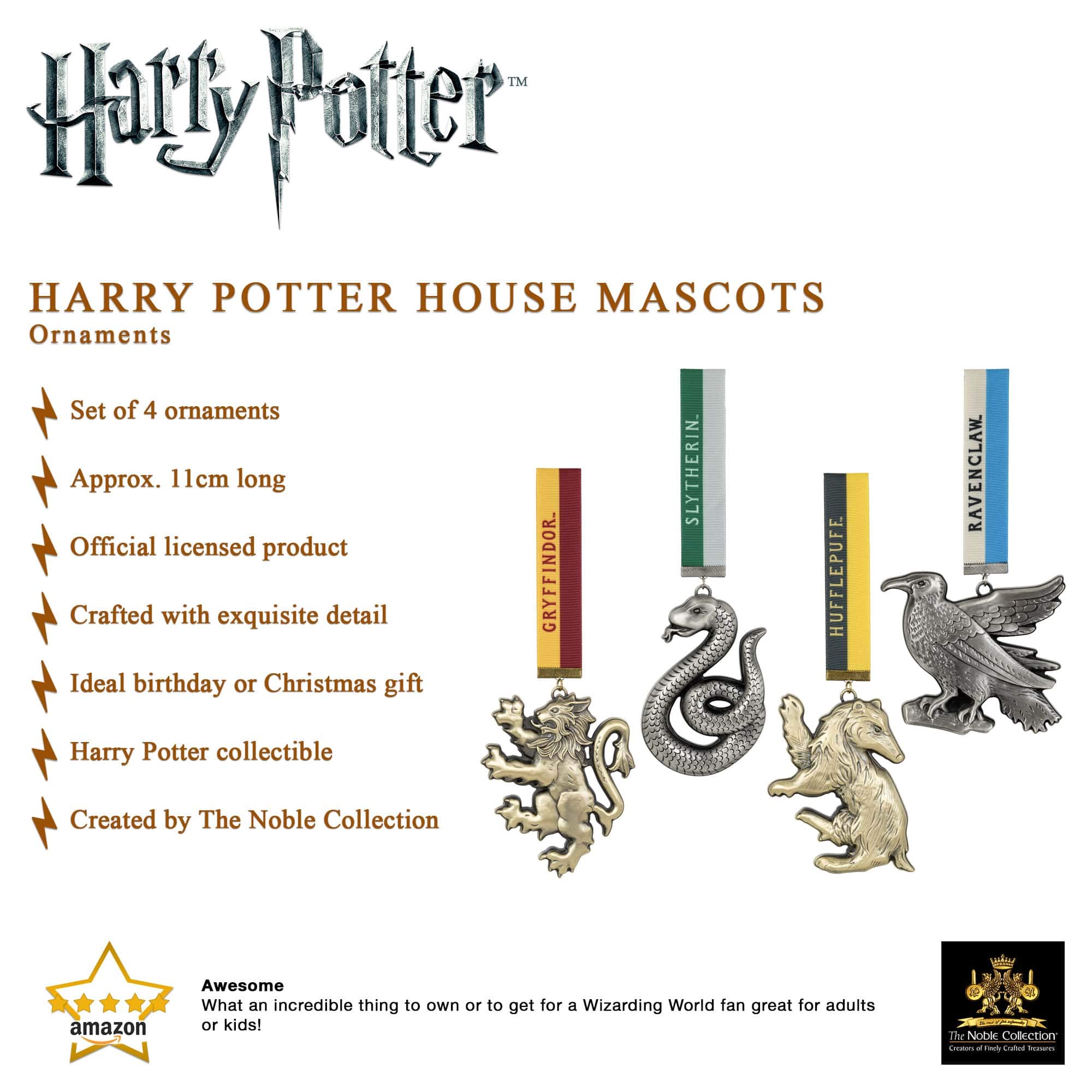 Harry Potter House Mascot Ornaments - Gryffindor, Slytherin, Hufflepuff & Ravenclaw Collectible Decor for Christmas Tree, Gifts & Harry Potter Fans