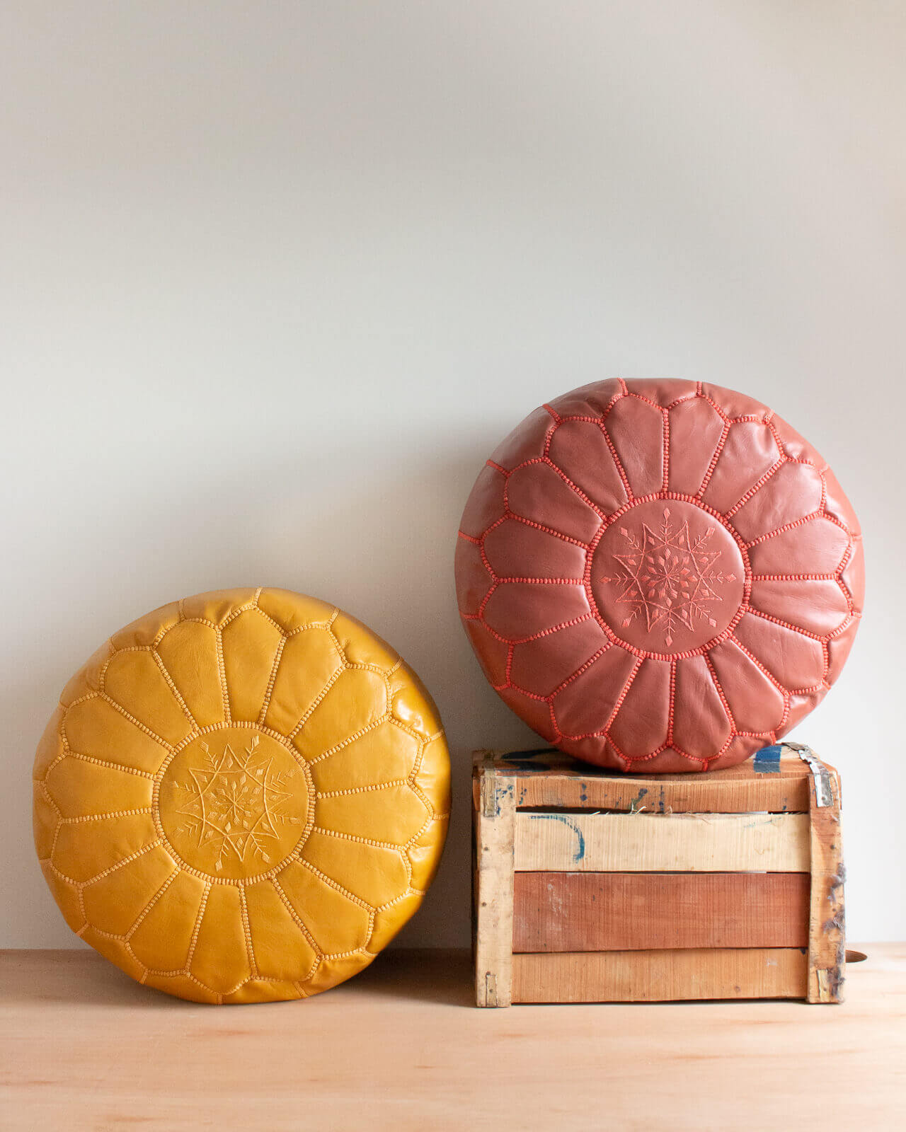 Handmade Moroccan Leather Pouffe Ottoman - Mustard Yellow Boho Chic Footstool for Living Room, Bedroom & Lounge Decor