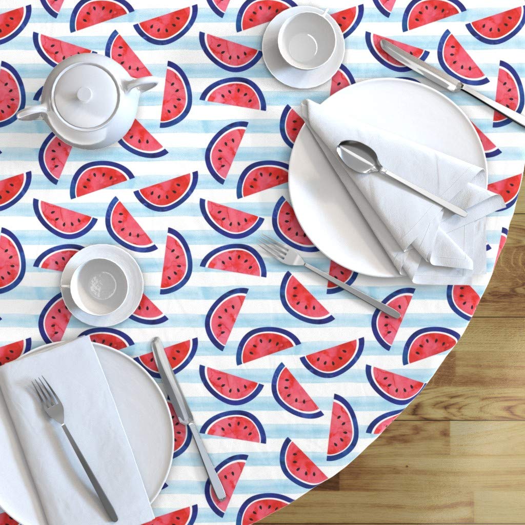 Watercolor Watermelon Blue Stripes Red White Cotton Sateen Tablecloth - 70