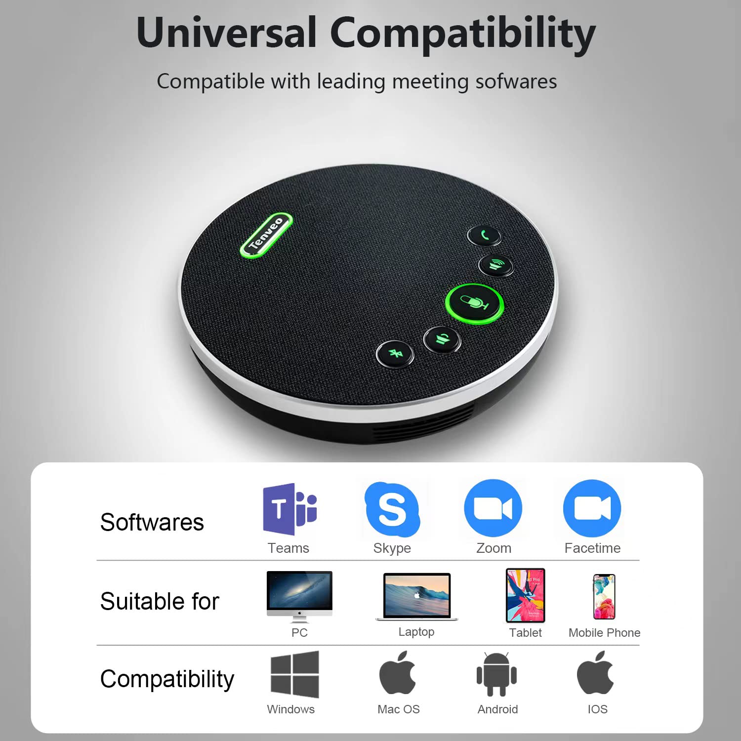 Tenveo Bluetooth/Wireless/USB Conference Speaker with Omnidirectional Microphone - Noise Cancelling Speakerphone for 10-12 People, 360° Voice Pickup for Zoom/Skype/Teams Online Meetings - Perfect for Home Office, Webinars & Conference Calls