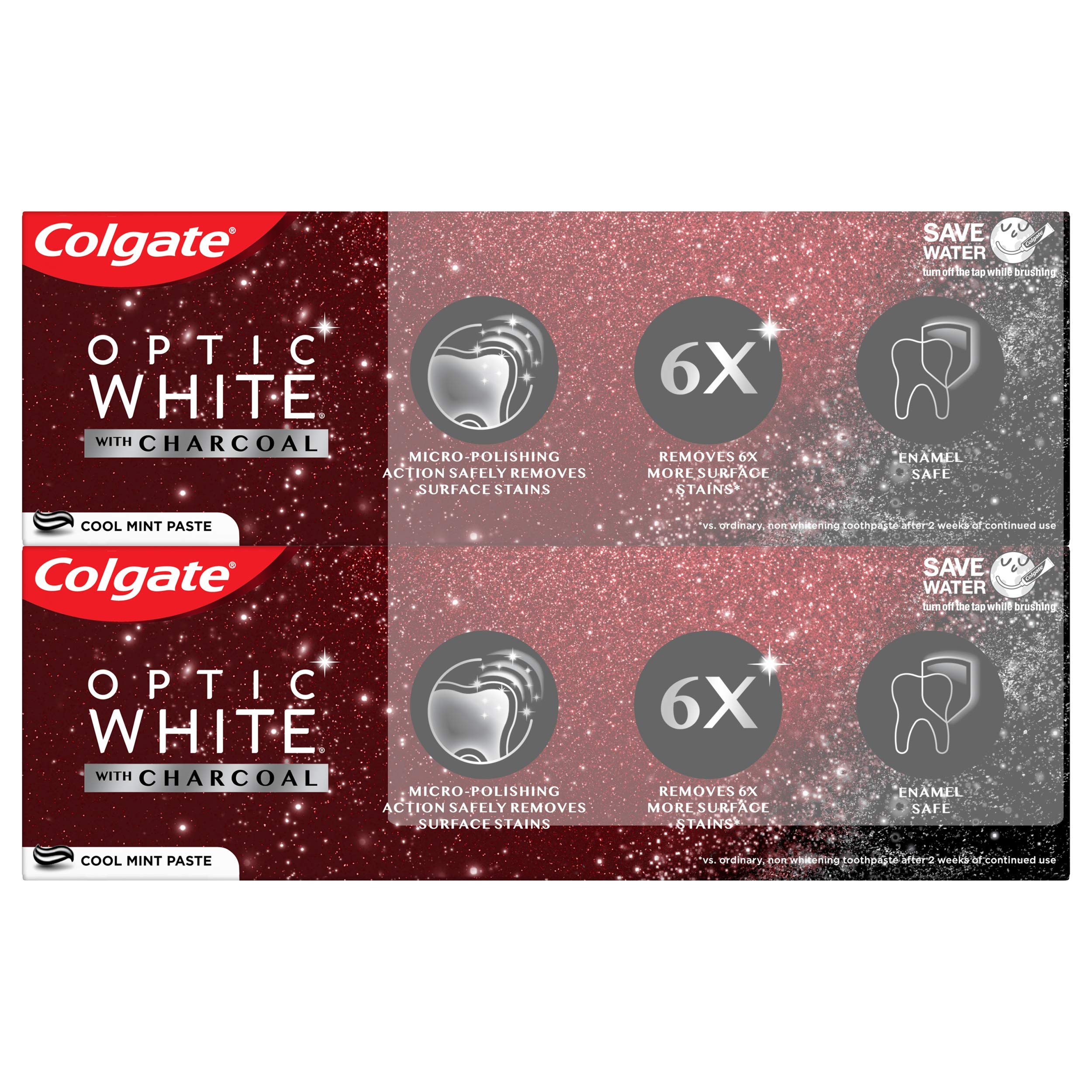 Colgate Optic White Charcoal Whitening Toothpaste - Cool Mint Flavor, Enamel-Safe with Fluoride, 2 Pack (4.2oz Tubes) | Teeth Stain Removal & Fresh Breath for Daily Oral Care