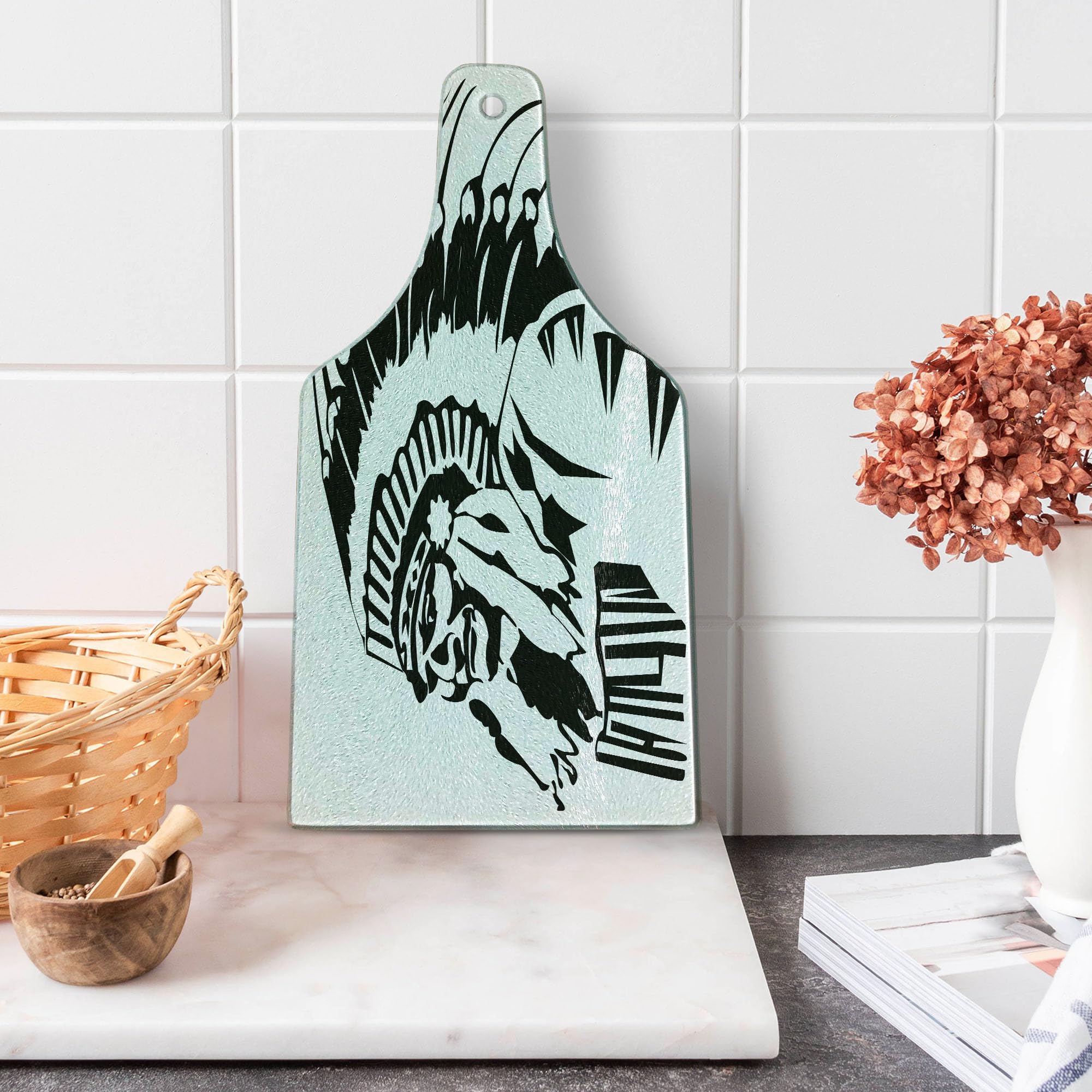 Ambesonne Tribal Cutting Board - Hand Drawn Native American Design Tempered Glass Serving Board - Wine Bottle Shape Black & White - Perfect for Kitchen Decor, Charcuterie Serving & Wine Pairing