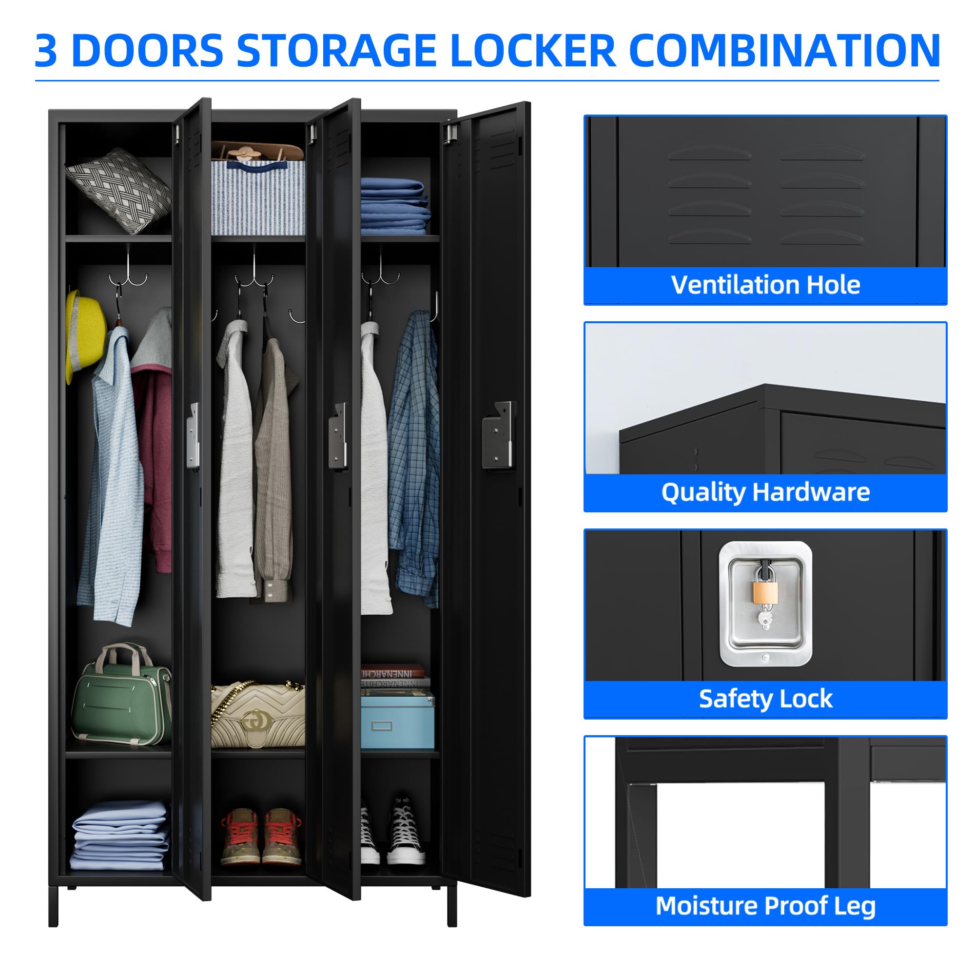 METAN 3-Door Steel Storage Locker Cabinet - Heavy Duty Metal Locker for School, Office, Gym & Bedroom - Industrial Storage Locker with 2 Adjustable Shelves for Employees & Students - Easy Assembly Required (Black) - Perfect for Secure Storage in Workplaces, Schools & Fitness Centers