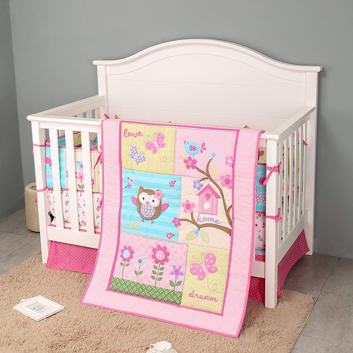 7-Piece Pink Owl & Floral Butterfly Nursery Crib Bedding Set - Soft Baby Crib Sheets, Pillowcases & Blanket for Girls' Room Decor | Perfect for Newborns, Toddlers & Nursery Theming