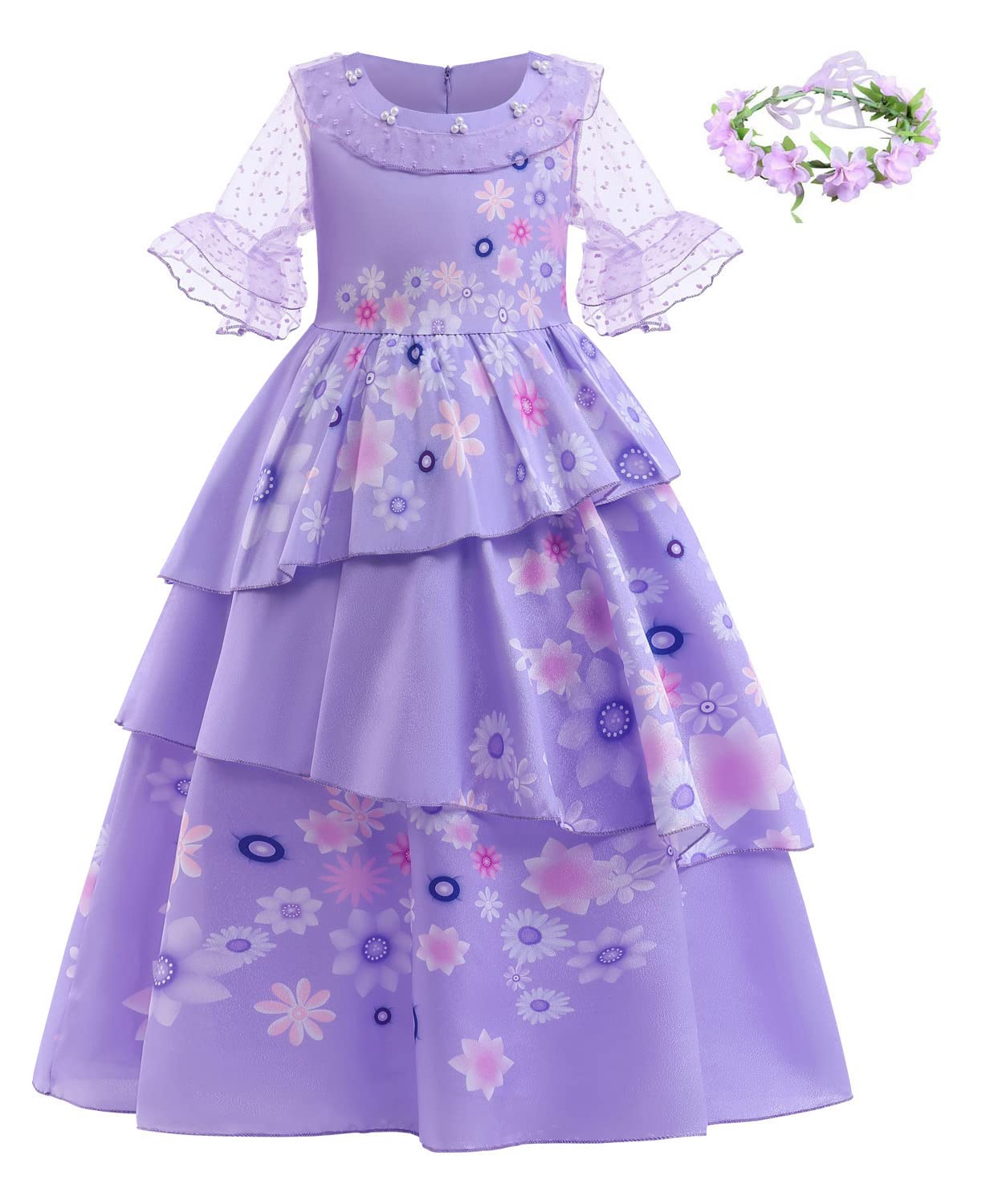 MetCuento Isabella Dress for Girls | Madrigal Family Fancy Princess Costume with Flower Wreath Headband | Perfect for Halloween, Birthday Parties & Dress-Up Play