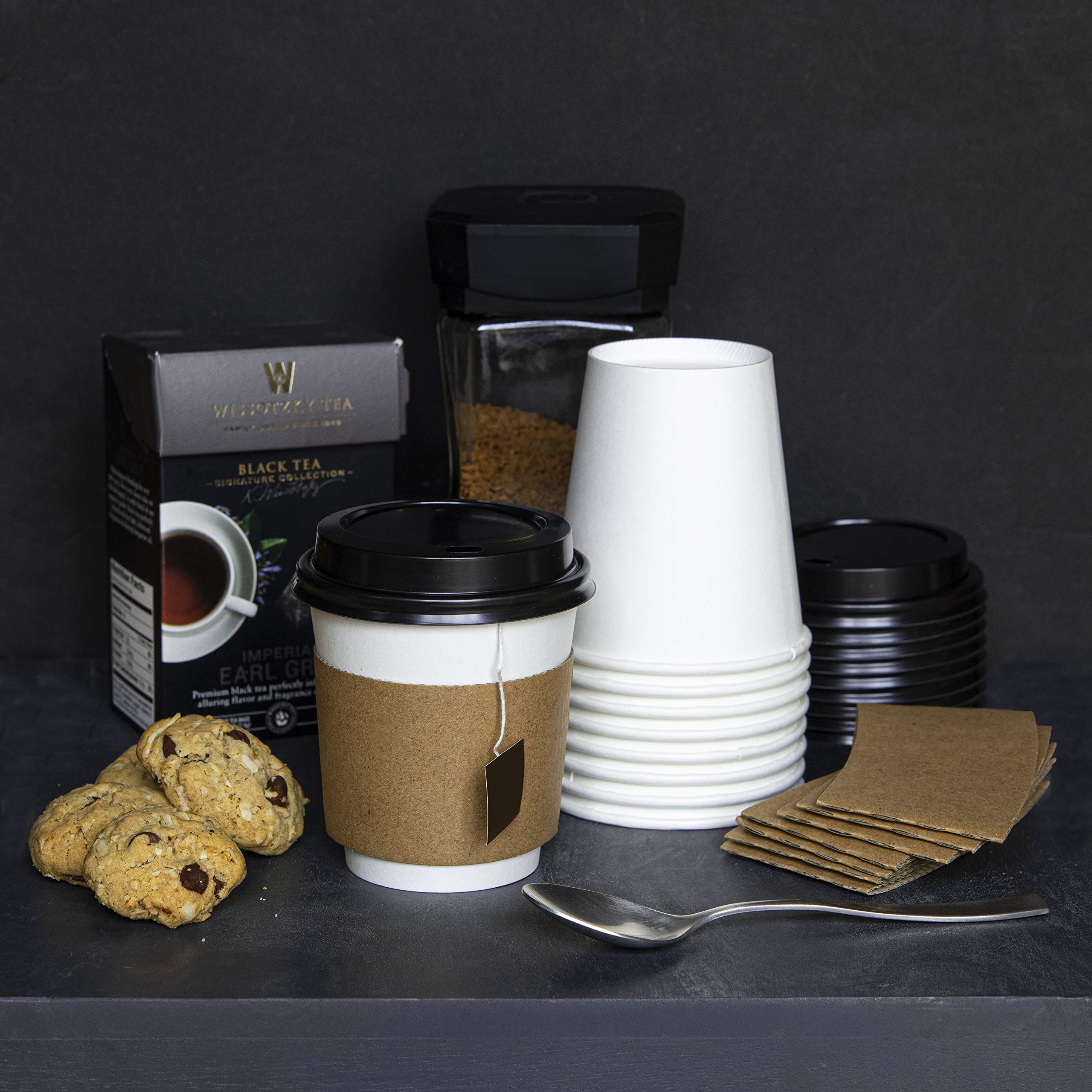 NYHI 100 Pack 10 oz White Disposable Coffee Cups with Black Lids & Sleeves - Hot/Cold Beverage Drinking Cups for Coffee, Tea, Juice, Espresso - Perfect for Office Water Coolers, Parties, Cafes & Takeout