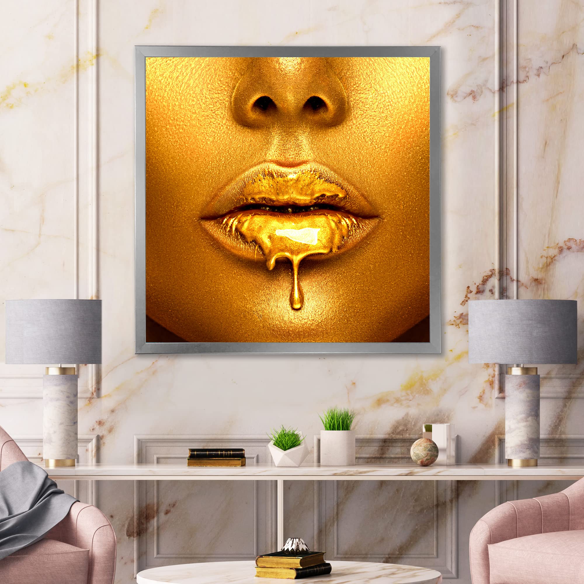 DesignQ Gold Paint Drips From Sexy Woman Lips Modern Framed Wall Art - Contemporary Home Decor for Living Room, Bedroom & Office