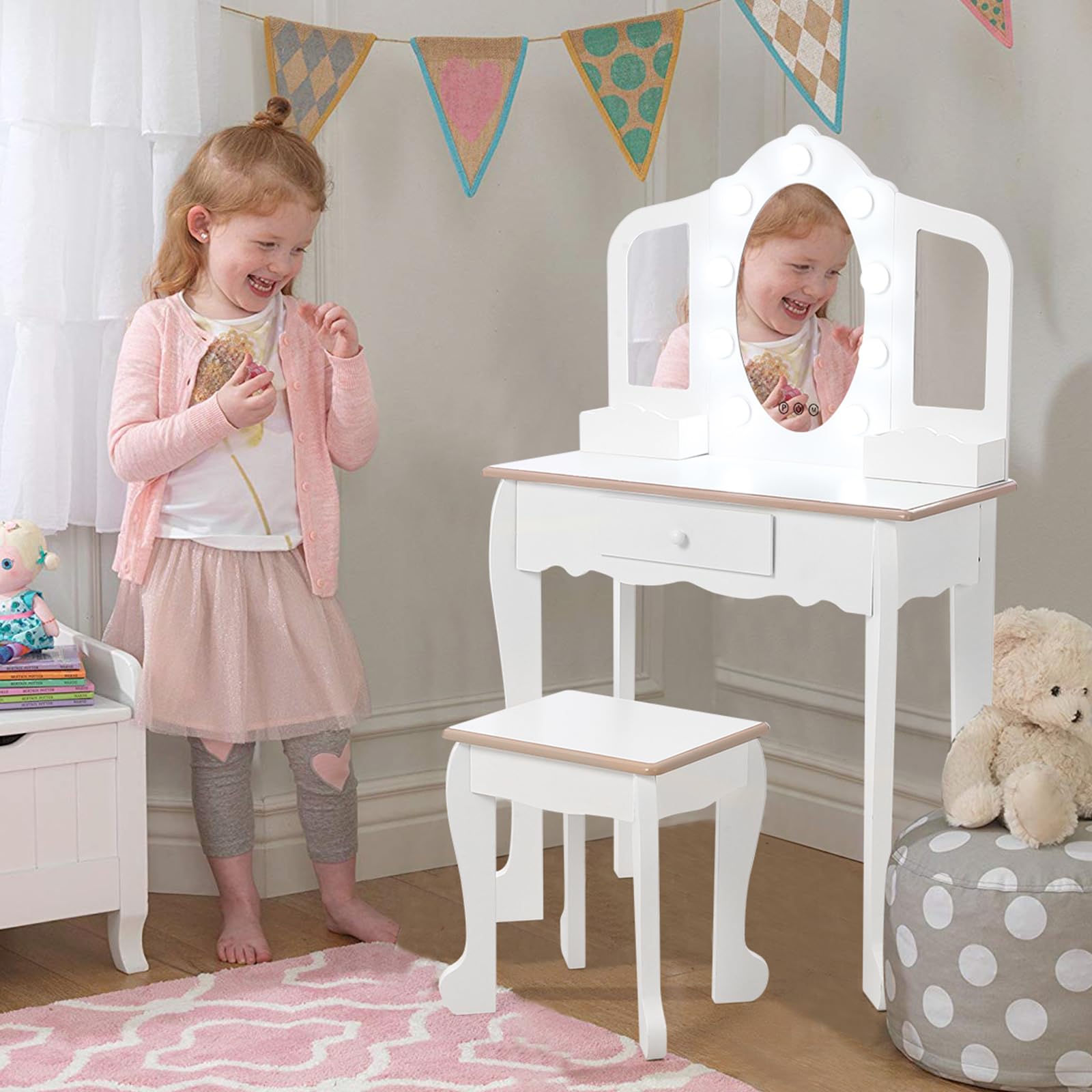 Kids Vanity Set with Light & Mirror - Wooden Princess Makeup Dressing Table with Stool, Drawer & Pretend Makeup Toys - Perfect for Girls Bedroom, Birthday Gift & Pretend Play (Batteries Not Included)