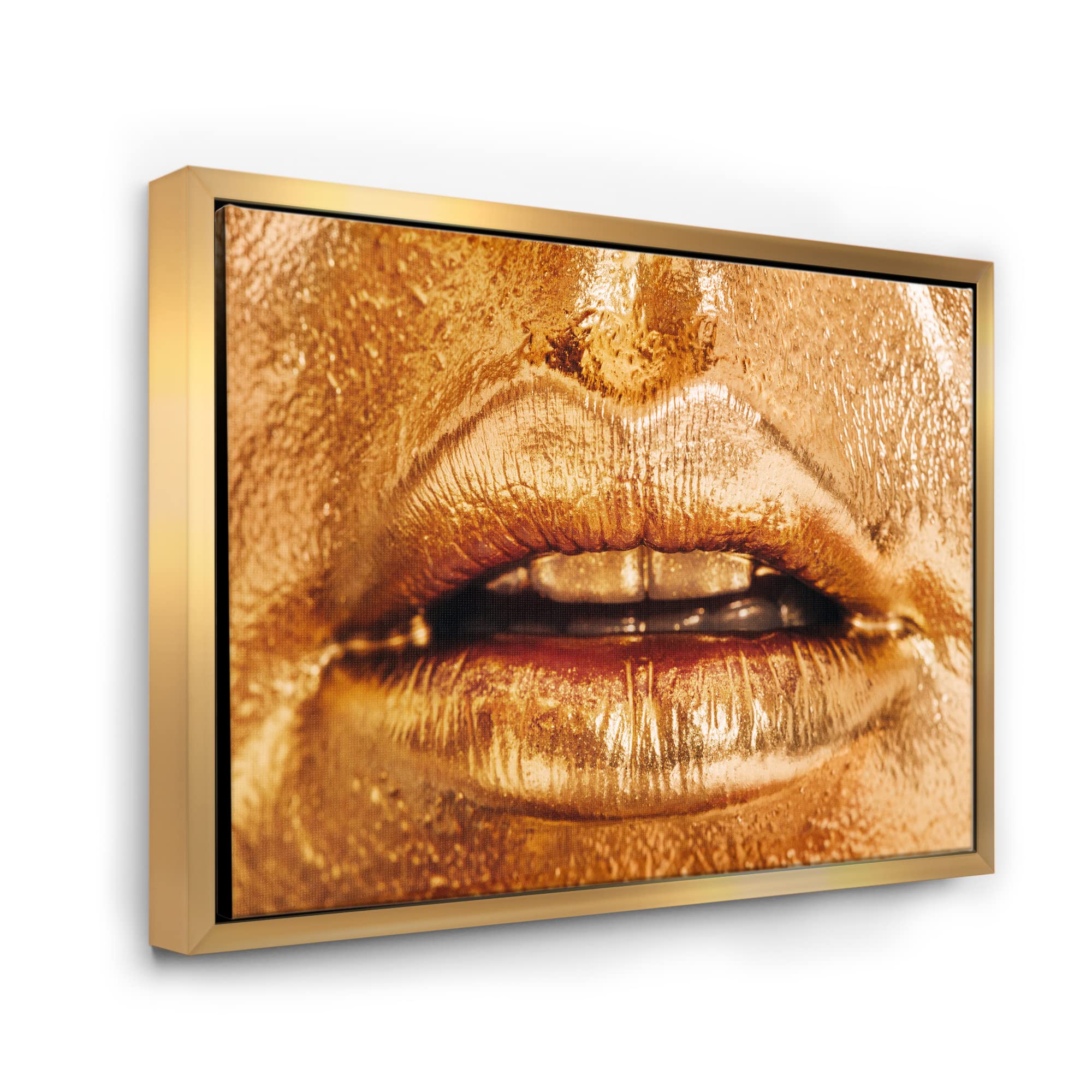 DesignQ Golden Lip Makeup Art - Modern Framed Canvas Wall Decor for Living Room, Bedroom & Office - Elegant Home Decor Gift Idea