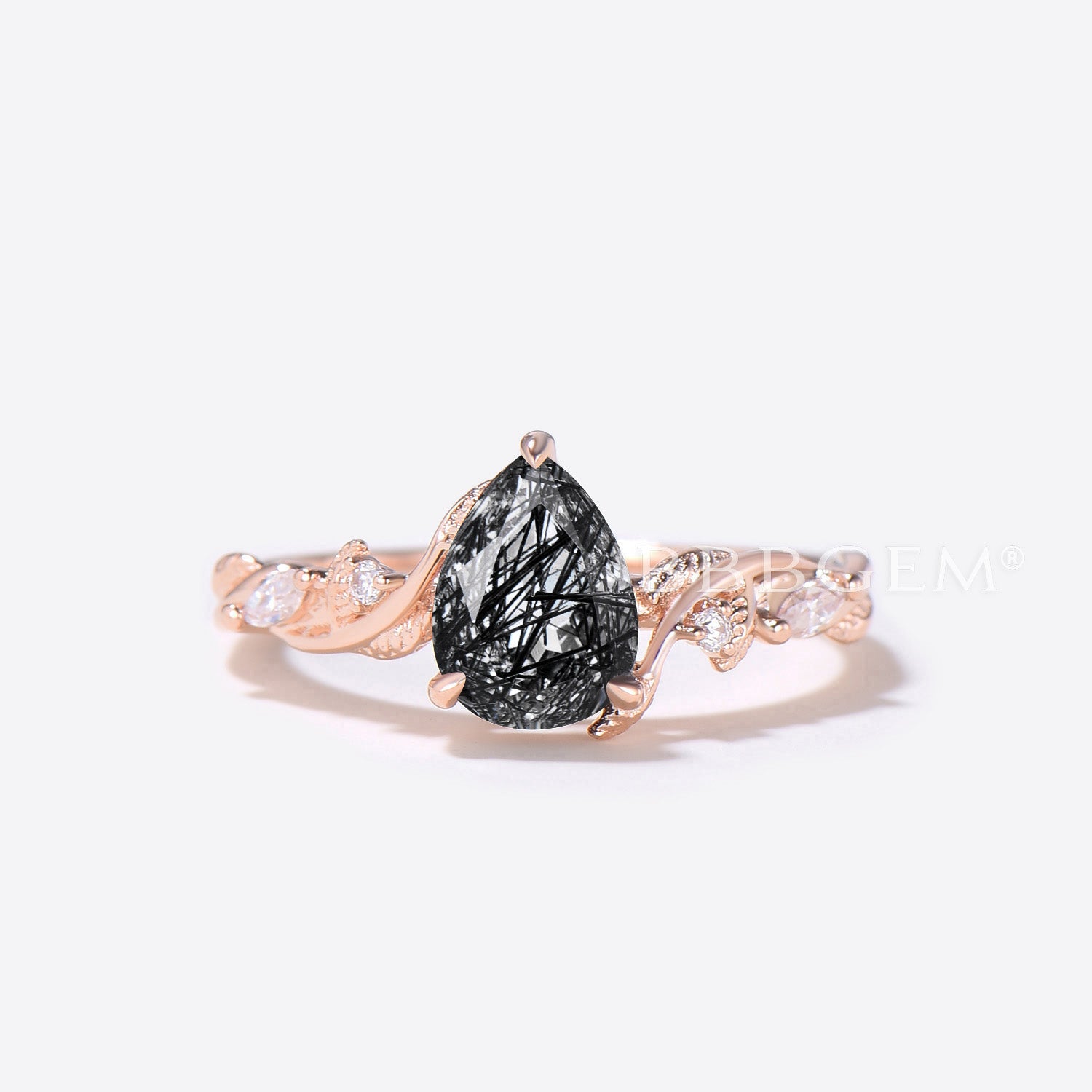 Elegant Teardrop Black Rutilated Quartz Engagement Ring - Leaf Branch Design Wedding Band for Women | Perfect for Proposals, Anniversaries & Romantic Occasions