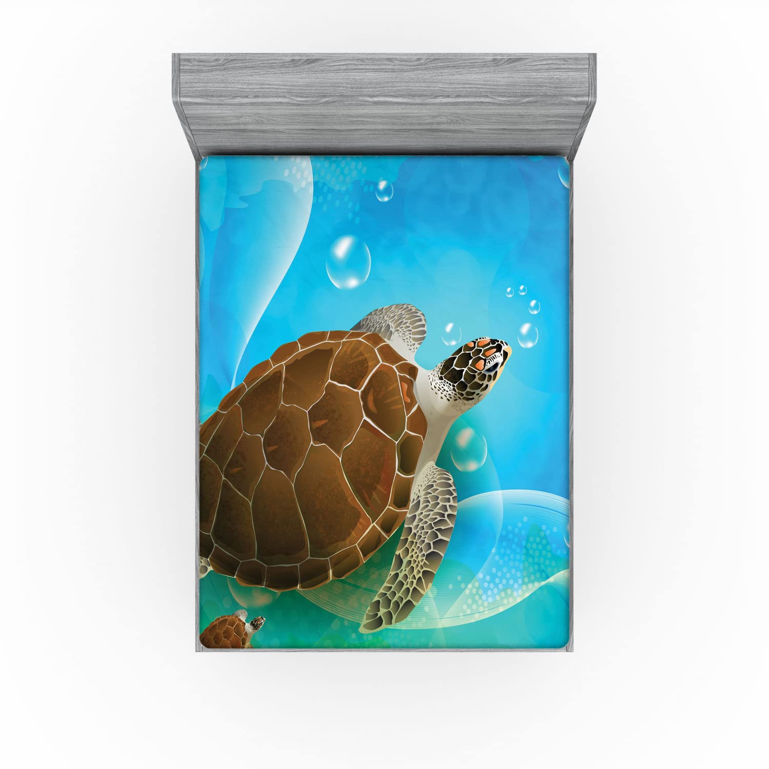Ambesonne Queen Size Fitted Sheet - Turtle Family Swimming in Ocean Bubbles Underwater World Cartoon Design, Deep Pocket All-Around Elastic Bed Cover in Green Blue Brown | Soft & Comfortable for Kids Room, Beach House Decor, Ocean Theme Bedroom