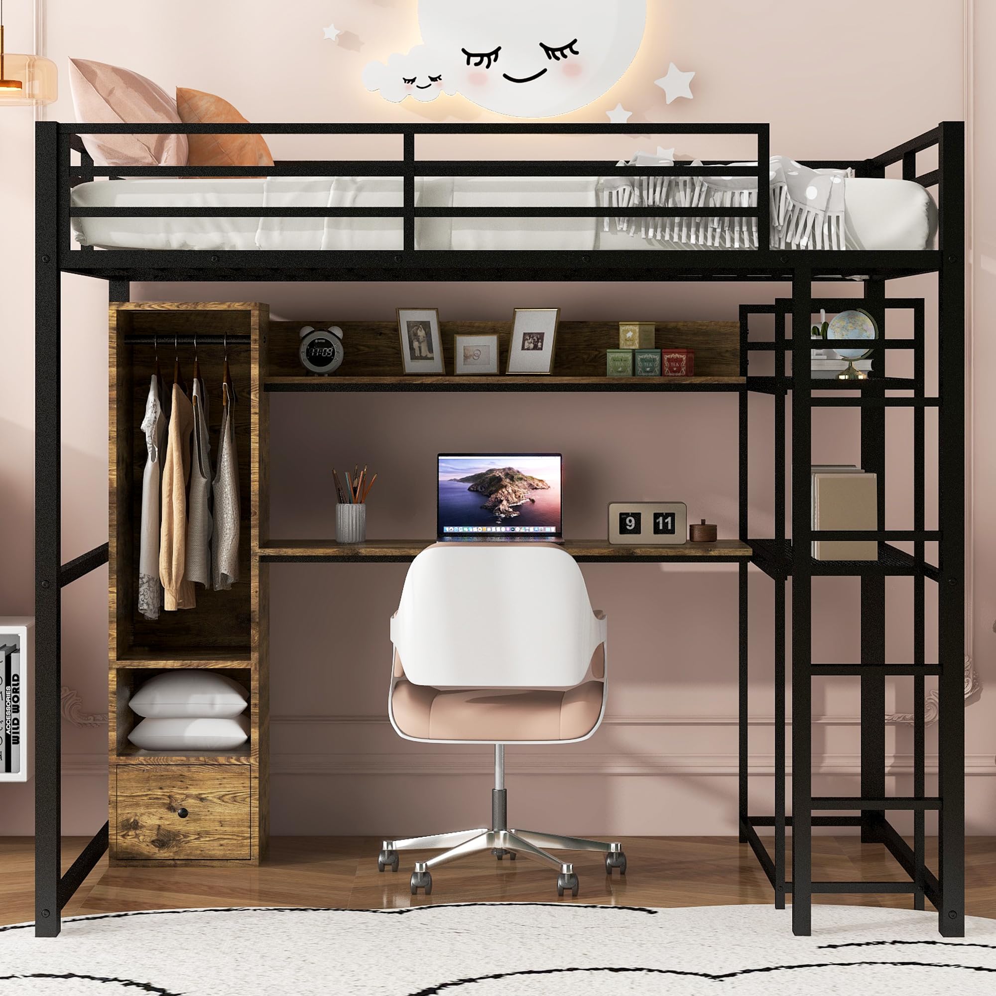 Full Size Loft Bed with Desk & Wardrobe - Heavy Duty Metal Loft Bed with Storage Shelves & Drawers - Space Saving Black Loft Bed with Bookshelf for Kids, Teens & Adults - Perfect for Small Bedrooms, Dorms & Studio Apartments