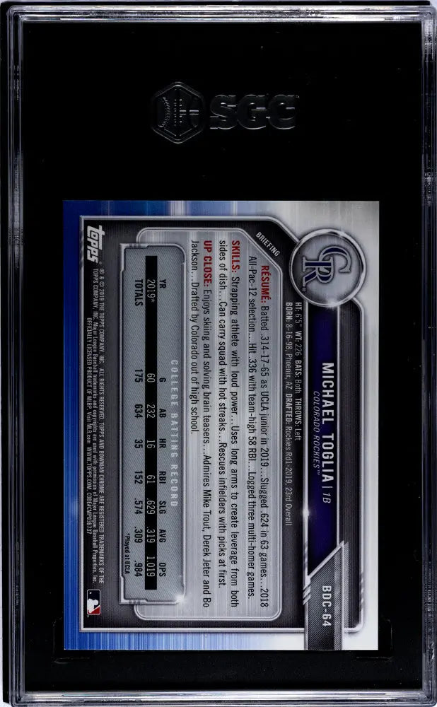 2019 1st Bowman Chrome Draft SGC 10 Michael Toglia Green Refractor 27/99 - Rare Baseball Card for Collectors & Investors - Perfect for Display, Trading, and Portfolio Growth