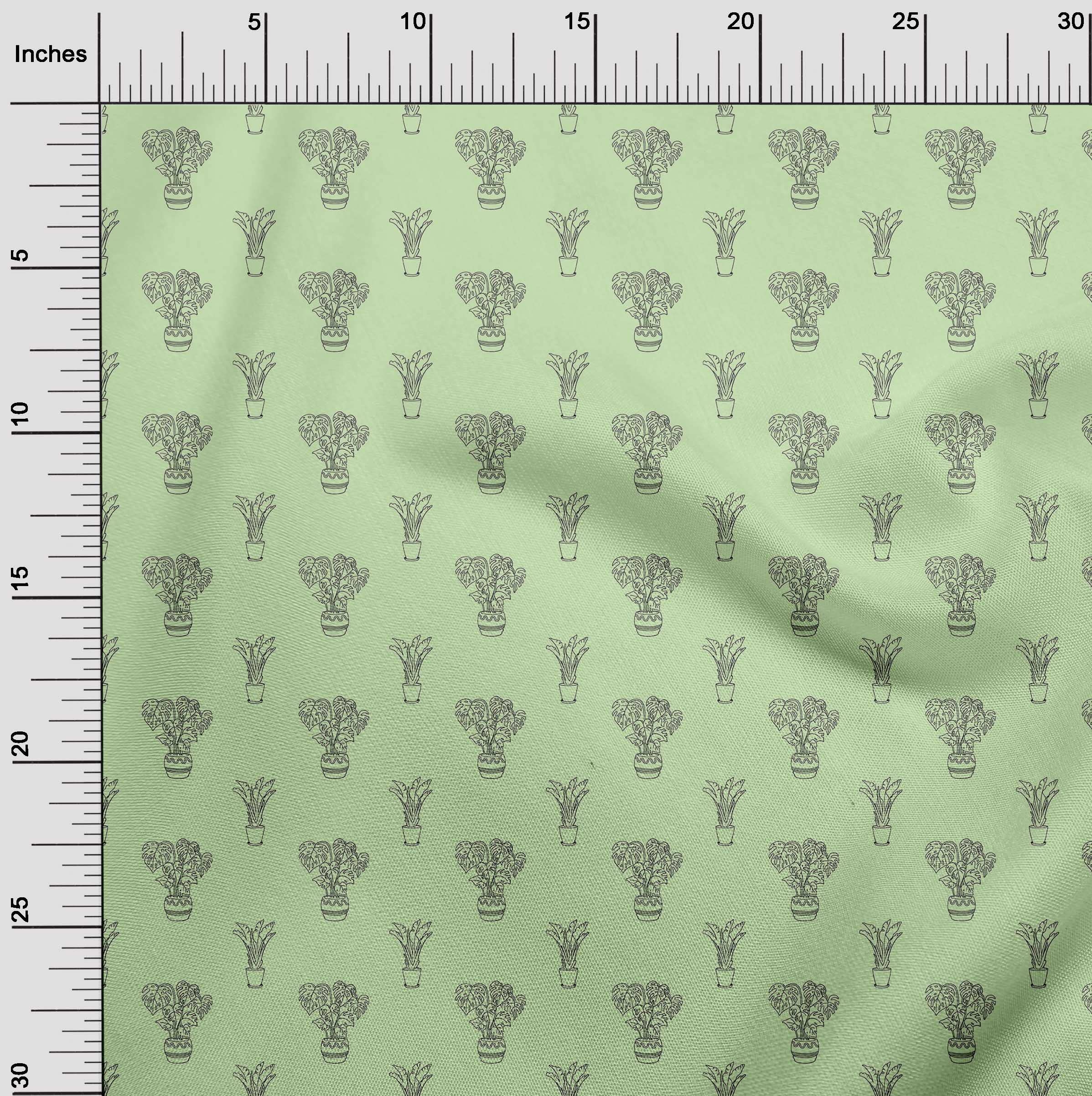 oneOone Polyester Spandex Light Green House Plants Printed Fabric - 56 Inch Wide for Sewing, DIY Crafts, Upholstery & Home Decor Projects