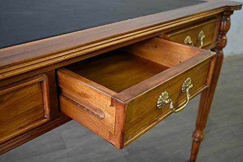 Handcrafted Solid Mahogany Wood Desk with Genuine Leather Top - Brown Walnut Finish for Home Office, Study & Executive Workspace