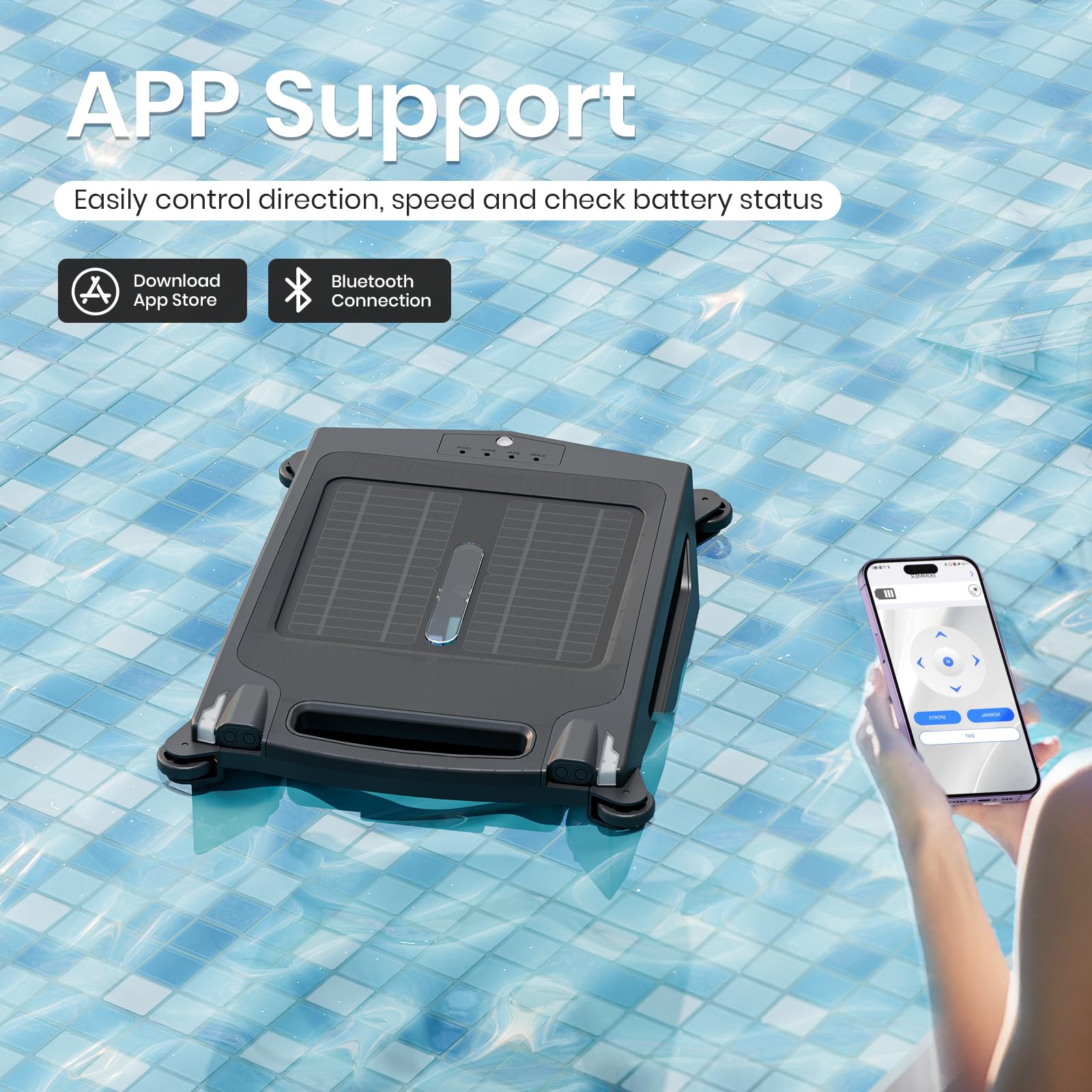 Solar Powered Automatic Robotic Pool Skimmer Cleaner with APP Control - Cordless Pool Surface Cleaner Robot with Dual Charging (Solar/USB) - Auto-Escape & Auto-Turn Technology - Ideal for Inground/Above Ground Pools, Spas & Water Features - Black