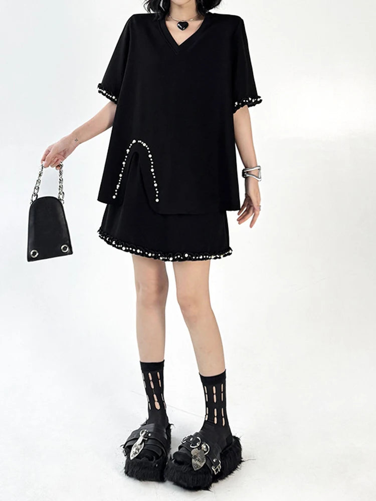 Black Pearl Print T-Shirt & Mini Skirt 2-Piece Set - Round Neck Short Sleeve Women's Fashion Outfit for Spring Summer 2025 | Casual Wear, Street Style, Party Outfit