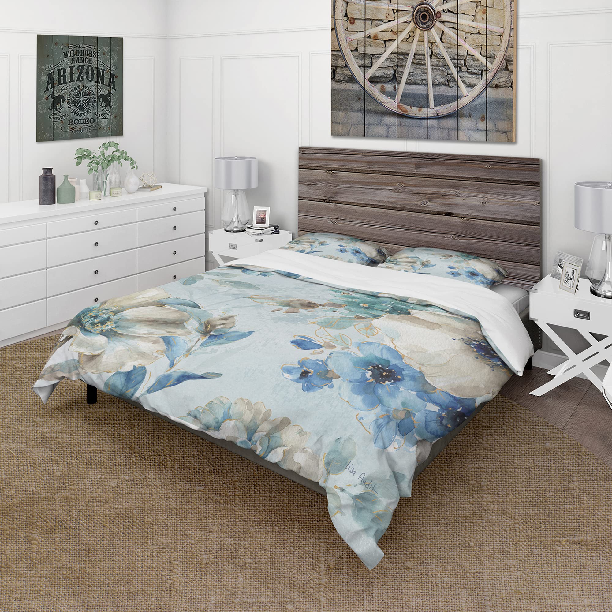 DesignQ Indigold Watercolor Lovely Bird III Traditional Blue Floral Duvet Cover Set King Size - 3 Piece All Season Bedding Set for Master Bedroom, Guest Room & Vacation Home Decor