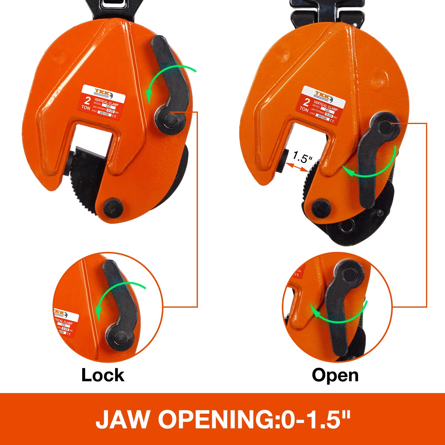 Heavy Duty TKK Vertical Plate Clamp 4400Lb (2Ton) - 1.3 Inch Jaw Opening for Secure Lifting & Transporting - Ideal for Construction, Steel Fabrication & Warehouse Material Handling