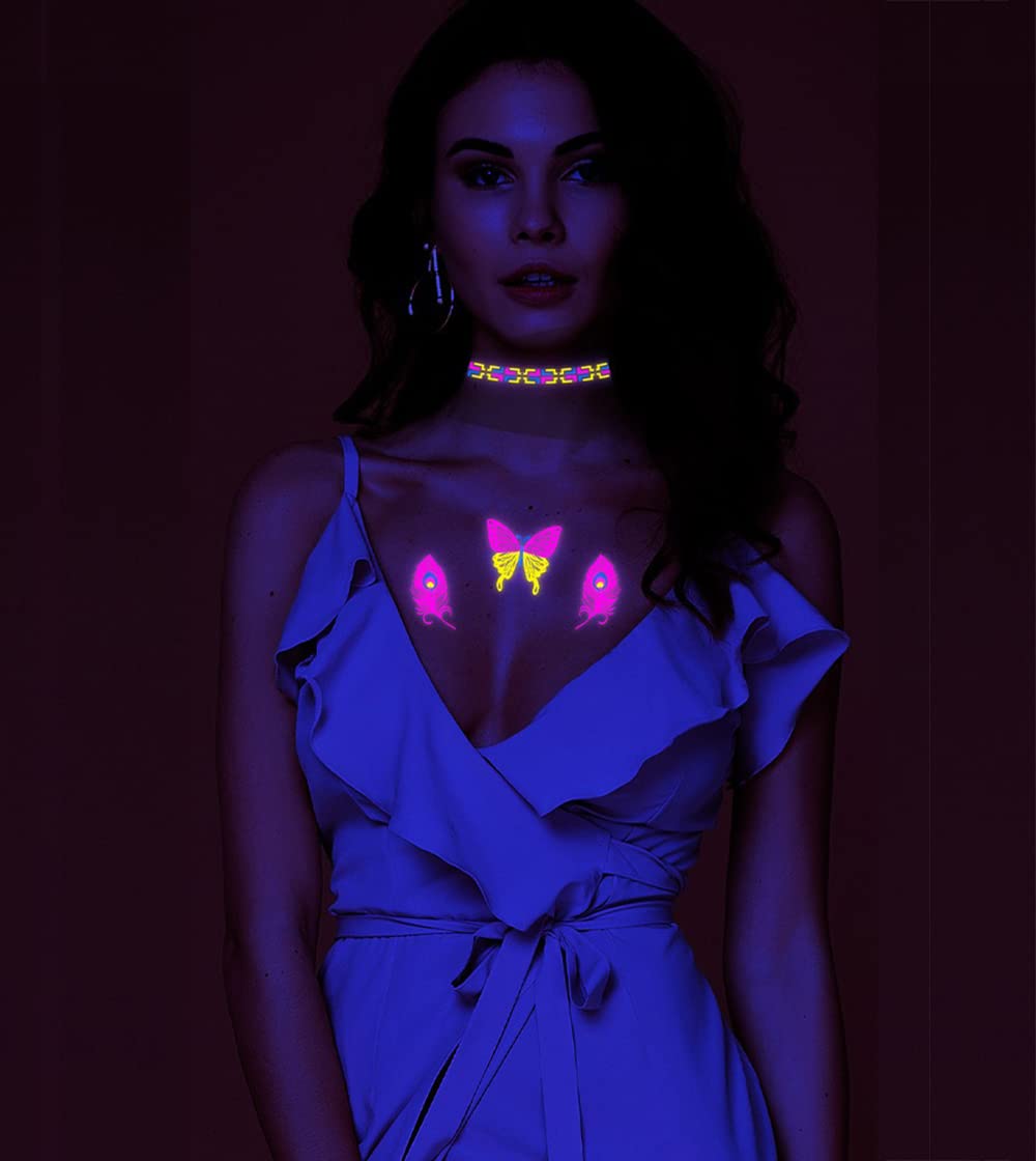 Glow in the Dark UV Neon Temporary Tattoos - Waterproof Fake Body Art Stickers for Women & Men (Butterfly, Flower, Star, Feather Designs) - 21x10.5cm - Perfect for Parties, Festivals, Raves & Body Art Photography