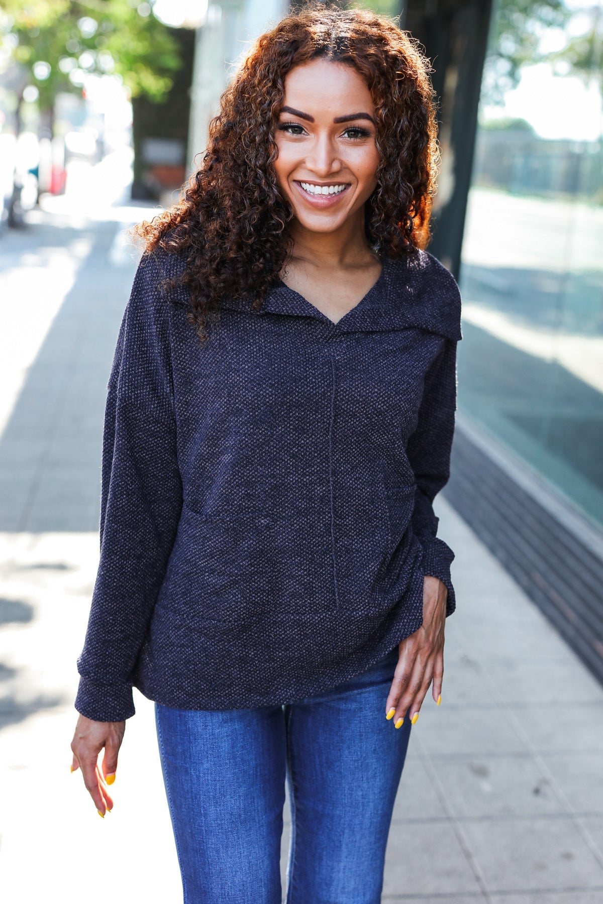 Easy Living Charcoal Textured Knit Notch Neck Oversized Collar Sweater | Women's Chunky Knit Pullover | Cozy Winter Fashion for Casual Outings & Coffee Dates