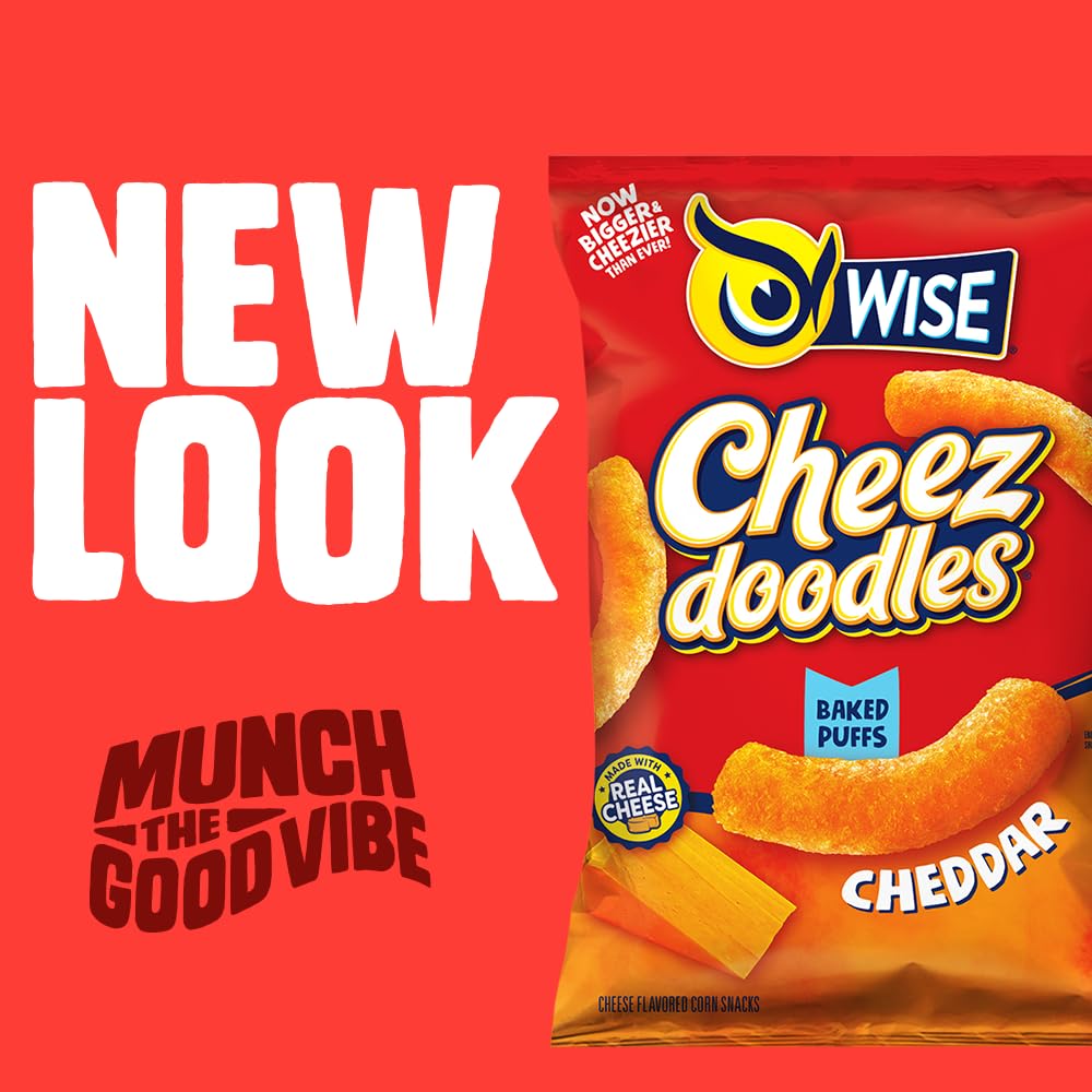 Wise Snacks Baked Cheez Doodles - Real Cheddar Cheese Puffs, Gluten Free, 0g Trans Fat, No Preservatives, 3.25oz (12 Pack) - Perfect for Parties, Movie Nights & School Lunches