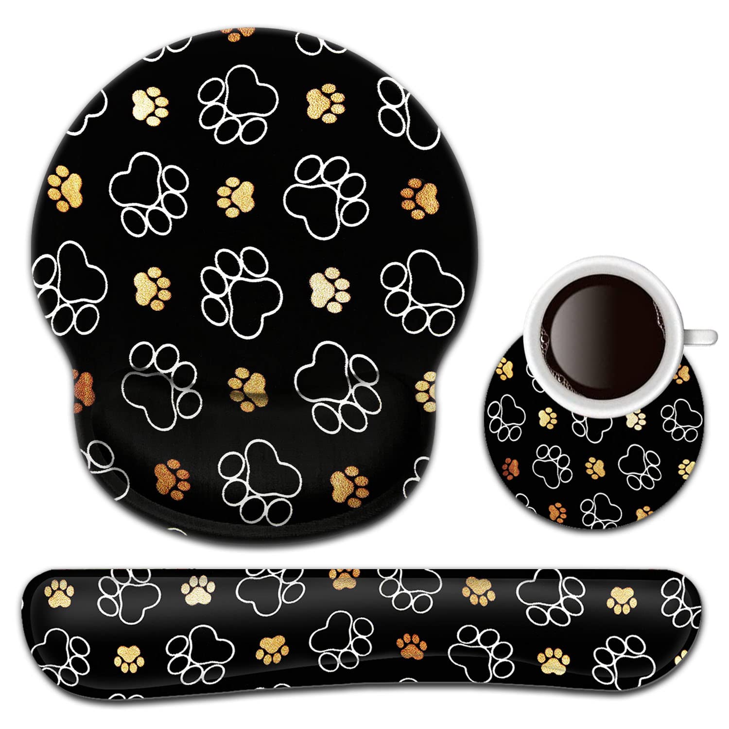 Ergonomic Keyboard Wrist Rest & Mouse Pad Set with Memory Foam & Gel Support - Cute Dog Paw Prints in Gold & White for Pain Relief & Comfort - Perfect for Office, Gaming & Long Computer Work Sessions