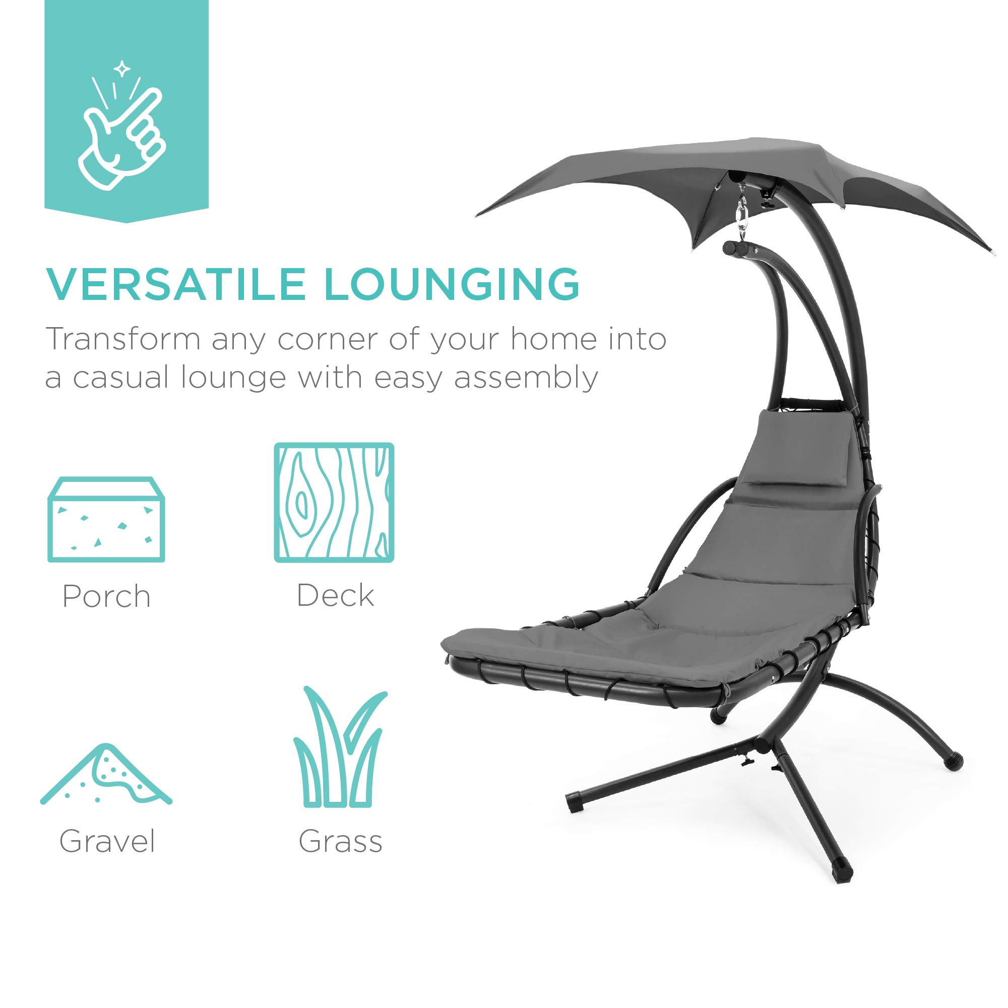 Best Choice Products Outdoor Hanging Chaise Lounge Chair Swing - Steel Frame with Built-in Pillow & Removable Canopy, Charcoal Gray - Perfect for Patio, Garden, Poolside Relaxation