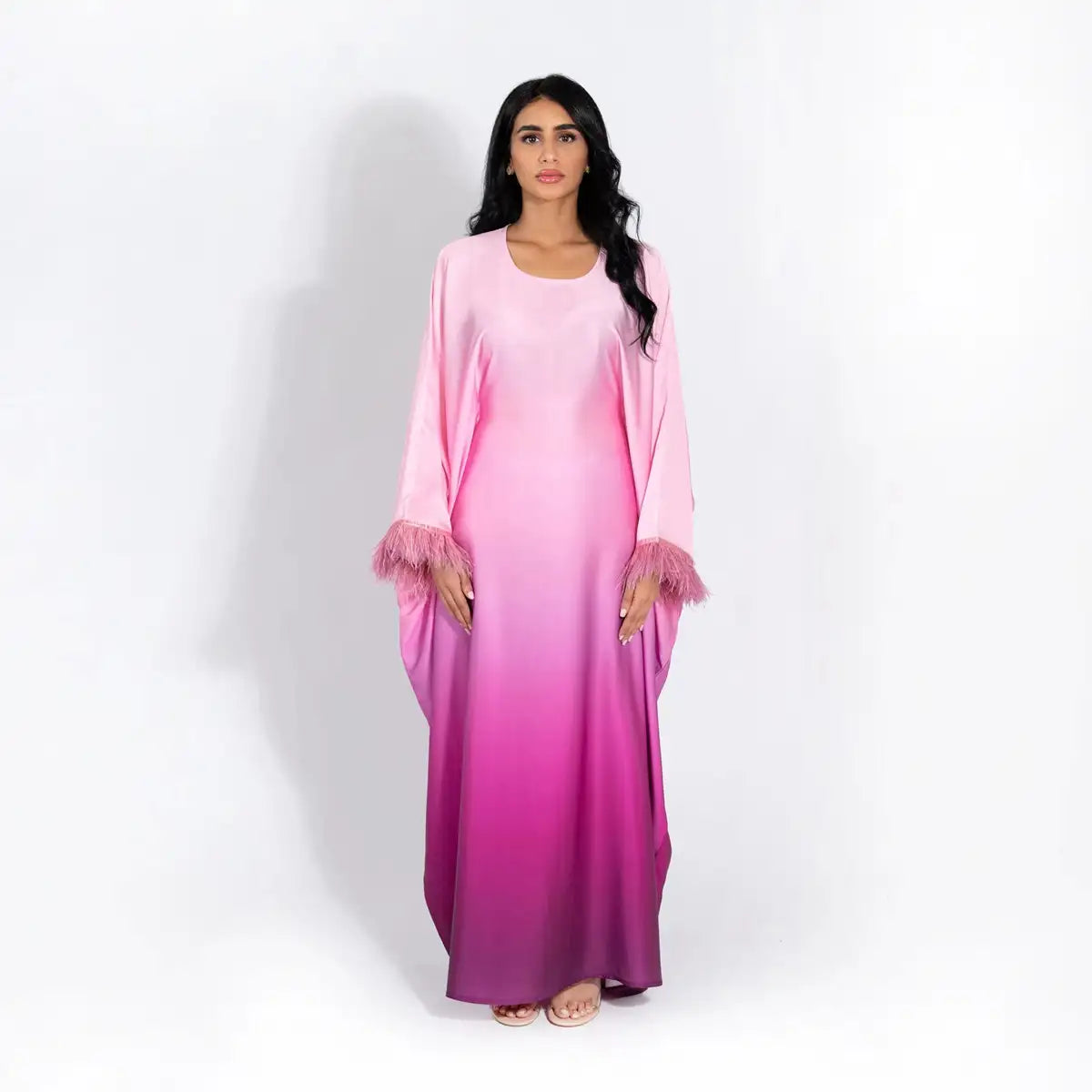 Elegant Feather Batwing Sleeve Satin Farasha Abaya Dress with Inner Belt - Perfect for Weddings, Parties & Special Occasions