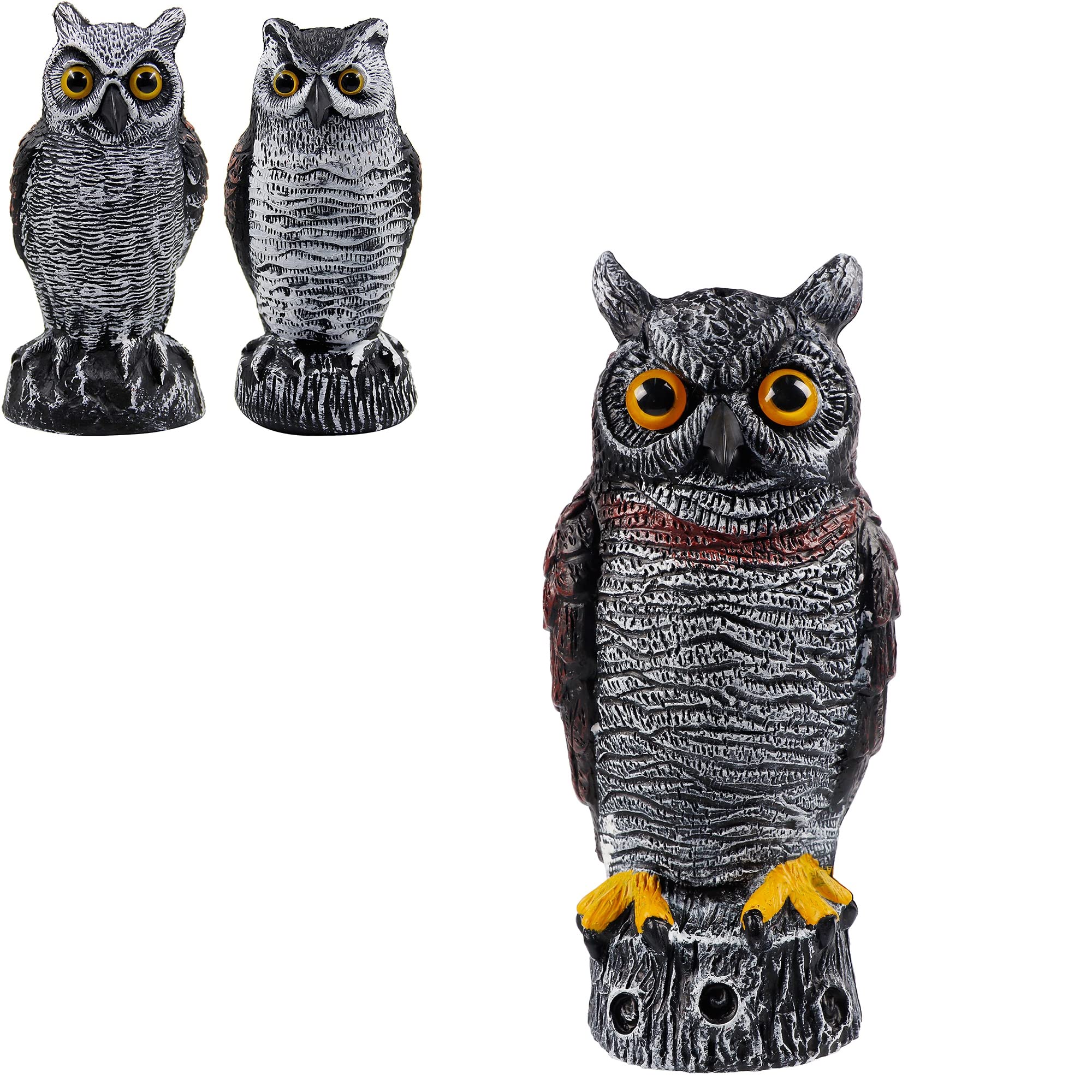 Hausse 3 Pack Realistic Fake Horned Owl Scarecrow Decoy - Plastic Owl Bird Deterrent for Garden, Yard & Outdoor Pest Control - Protects Crops from Birds & Small Animals