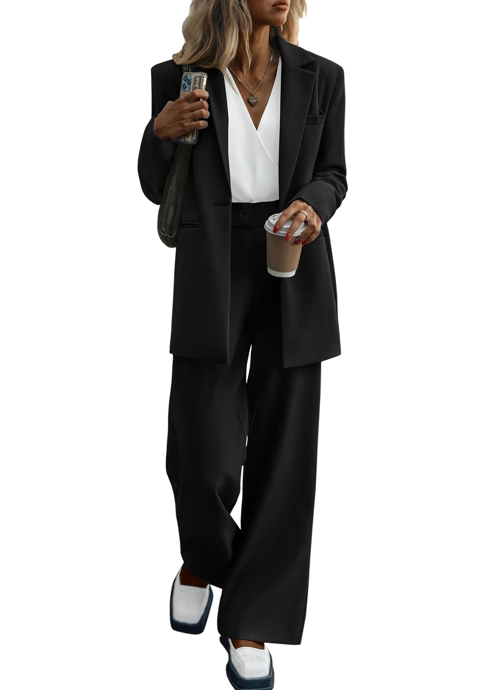 KIRUNDO Women's 2025 Spring Fall 2 Piece Blazer Set - Casual Loose Long Blazer Jacket with Dressy Wide Leg Pants, Suit with Pockets for Office, Business Meetings & Formal Events