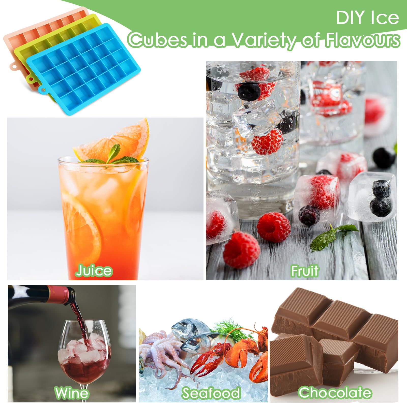 VFANDV Stackable Silicone Ice Cube Trays - 3 Pack, 24 Silicone Ice Molds for Fruit, Wine, Cocktails & Ice Cream - Perfect for Parties, Home Bars & Summer Drinks