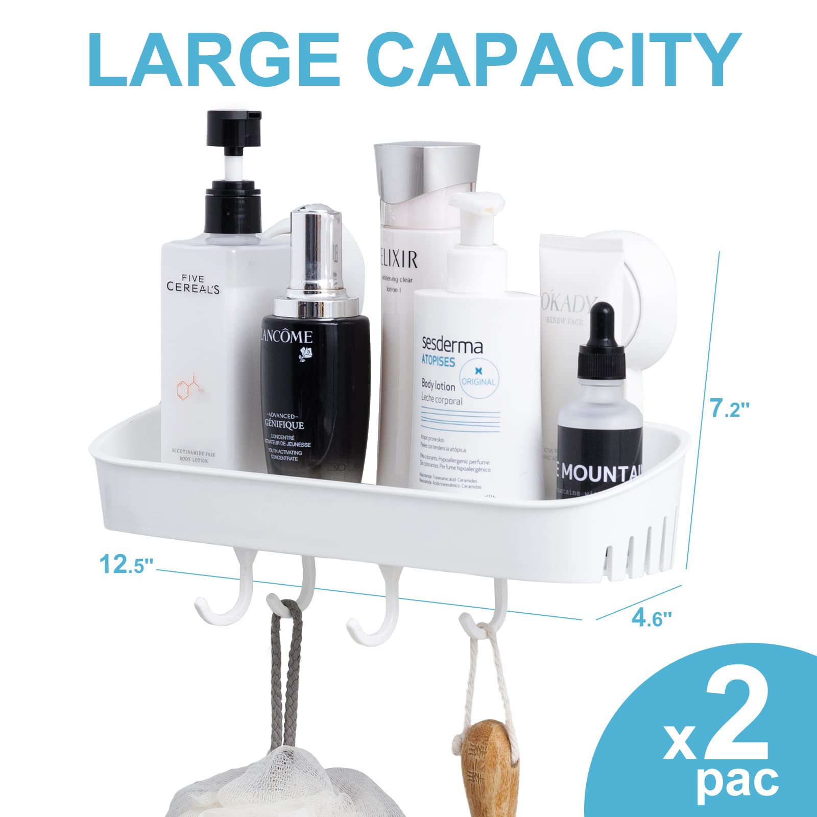 LEVERLOC Shower Caddy with 4 Hooks - 2 Pack Suction Cup Bathroom Shelf - No Drill Plastic Wall Mounted Storage Organizer - Quick 1 Second Installation, Removable & Reusable - Perfect for Small Bathrooms, Apartments, Dorms, and RVs