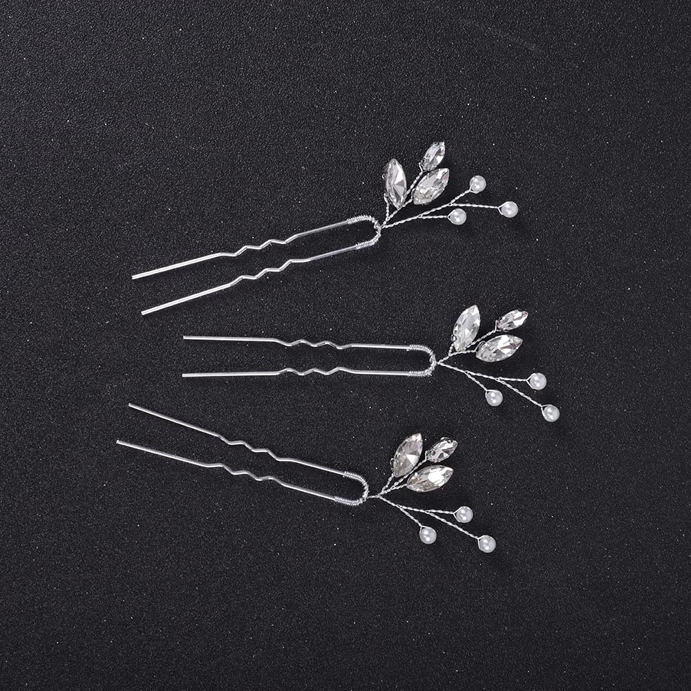 Jumwrit Silver Pearl Rhinestone Wedding Hair Pins - Handmade Bridal Hair Accessories Set of 3 for Women & Girls - Perfect for Weddings, Proms, and Special Occasions