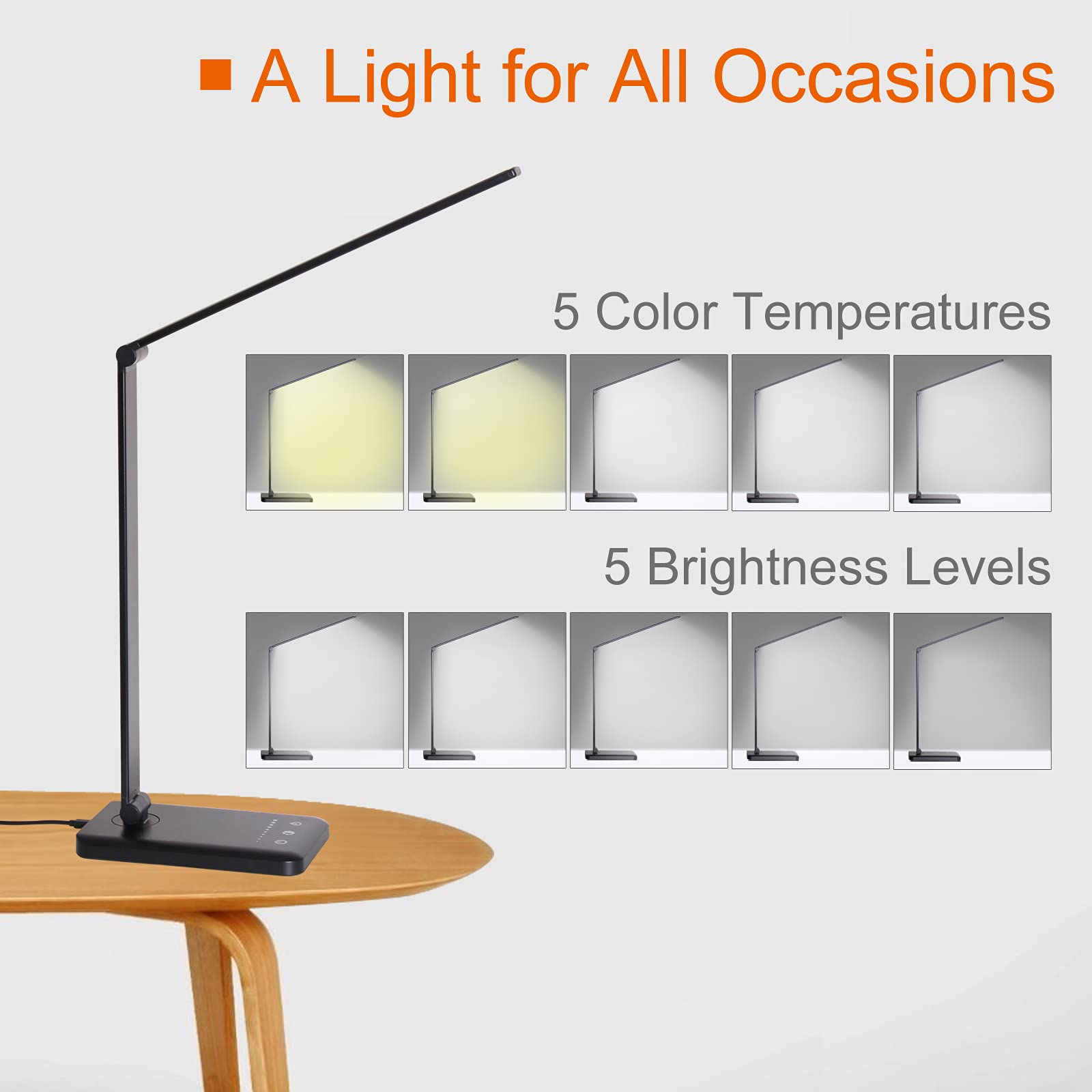LED Desk Lamp with USB Charging Port - Eye-Caring Stepless Dimmable Office Light, Touch/Memory/Timer, 25 Brightness Levels, Foldable Design for Reading, Studying & Working - Perfect for Home Office, Dorm Room & Nightstand Use