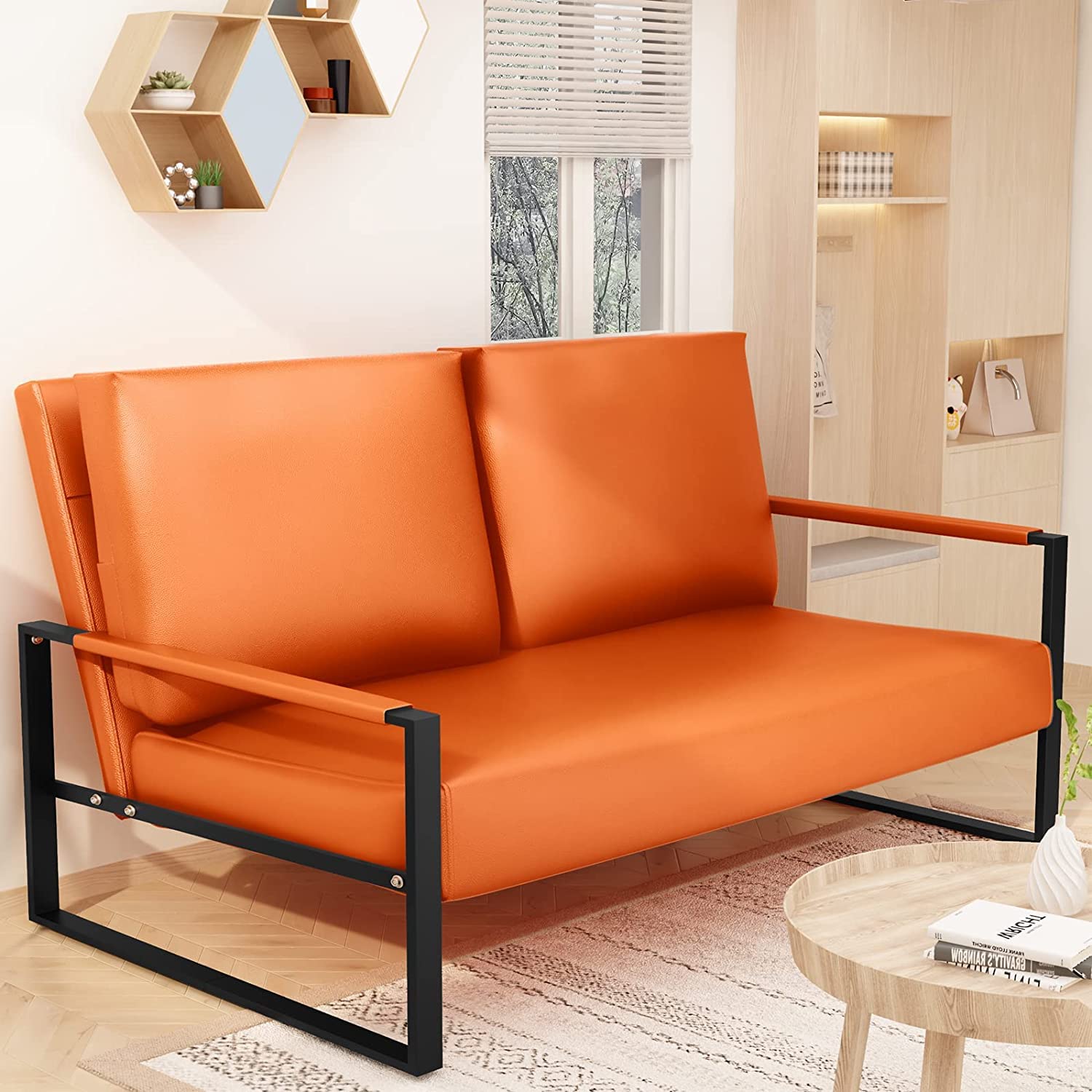 Recaceik 2-Piece Upholstered Accent Loveseat Set - Modern Faux Leather Sofa Chair with Cushions & Anti-Scratch Foot Pads - Orange Living Room Furniture for Small Spaces, Apartments, and Cozy Reading Nooks