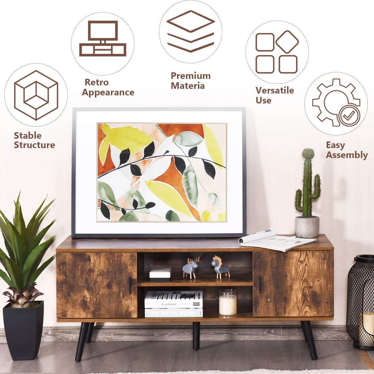 Tangkula 55 Inch TV Stand with 2 Cabinets & 2 Open Shelves - Mid Century Modern Wood Entertainment Center for Living Room, Rustic Brown - Perfect for Boho, Farmhouse & Rustic Home Decor